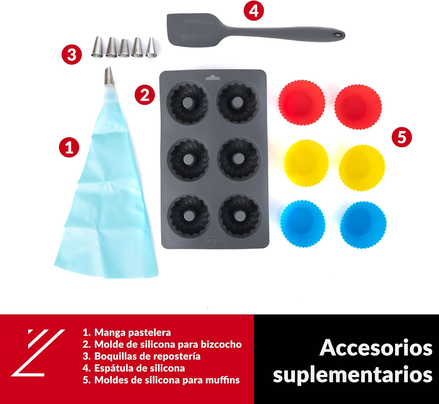 Supplementary baking accessories including pastry bag, silicone molds, and spatula
