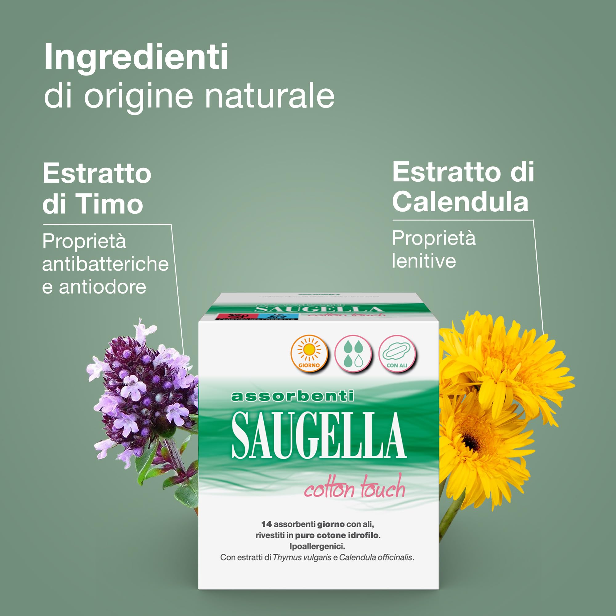 Saugella Assorbenti Cotton Touch Giorno, 56 Assorbenti Cotone Giorno con Ali, Azione Antibatterica, Antiodore e Lenitiva