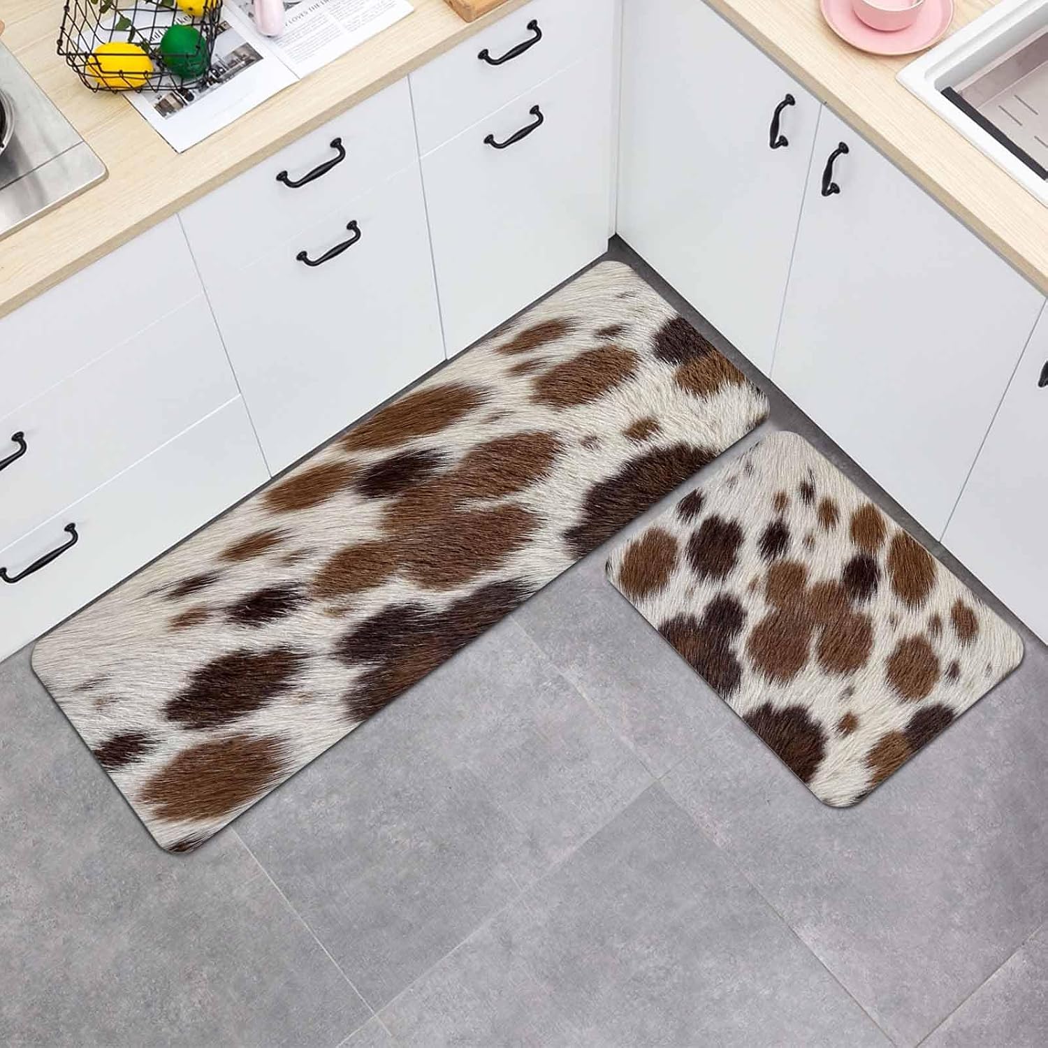 Brown Fur Texture Kitchen Mat Set 2 Pieces Country Farm Animal Classic Beige Brown Spots Non Slip Kitchen Rugs Washable Runner Rug Mats for Floor Sink Laundry Office 15.7" x 23.6"+15.7" x 47.2"