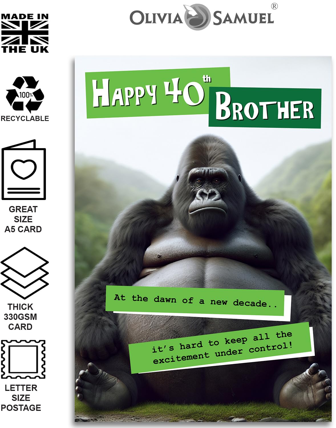 Divertente biglietto di auguri per il 40° compleanno del fratello, design con gorilla scontroso per lui, divertente biglietto di auguri per i 40 anni per fratello, formato A5, con busta gialla