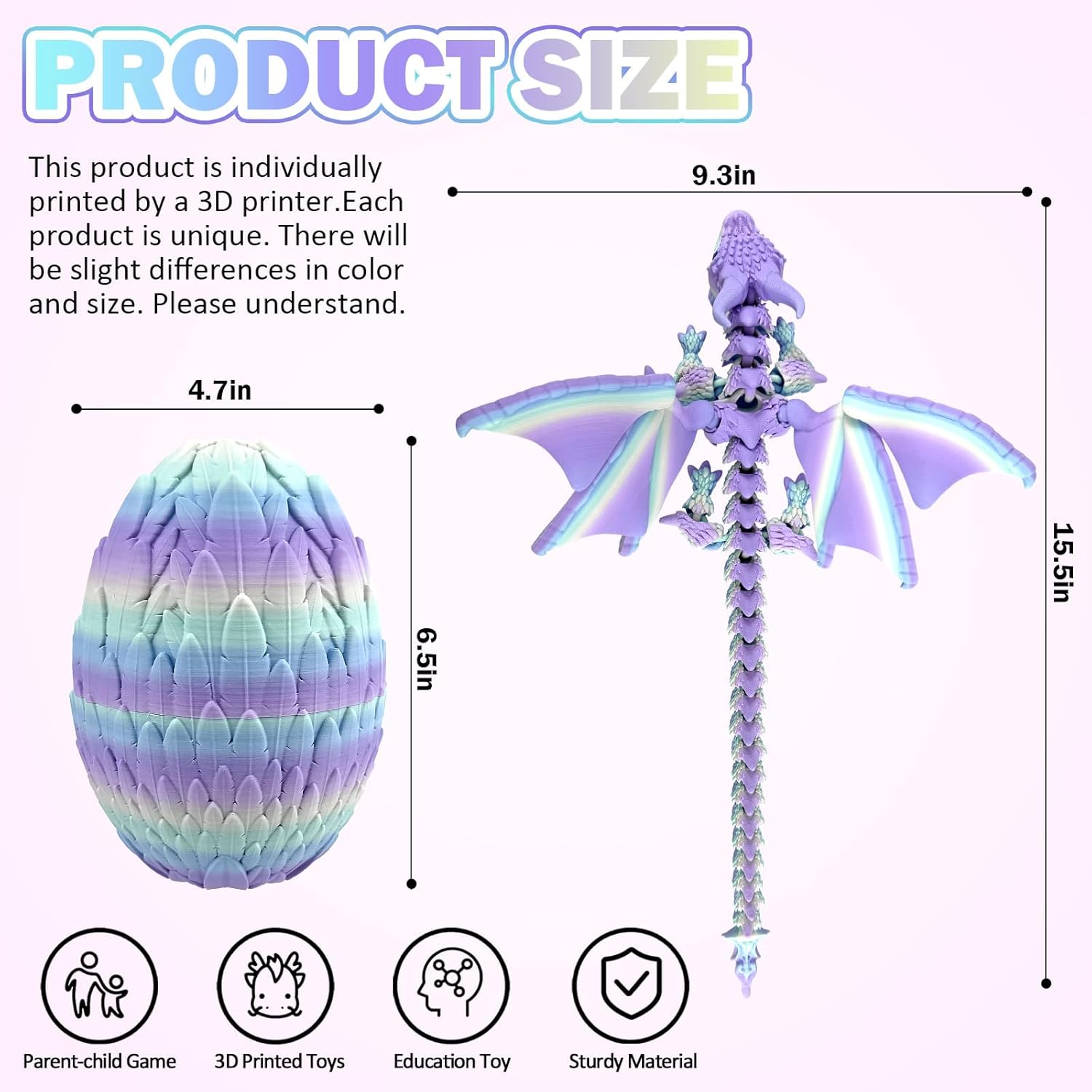 Large Dynamic 3D Printed Dragon Egg with Dragons Inside， 3D Printed Flexible Articulated Crystal Animals with Movable Wings , Flying Fidget Bird with Eyes Model for Desktop Home Decoration(YGMH)