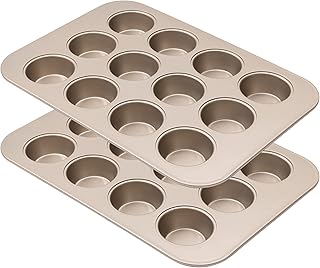 Bakestudio 12 Cups Muffin Pan, Nonstick Cupcake Pan Set of 2 for Oven, Bakeware Cake Muffin Tins for Baking, Gold (15.7 Inch)