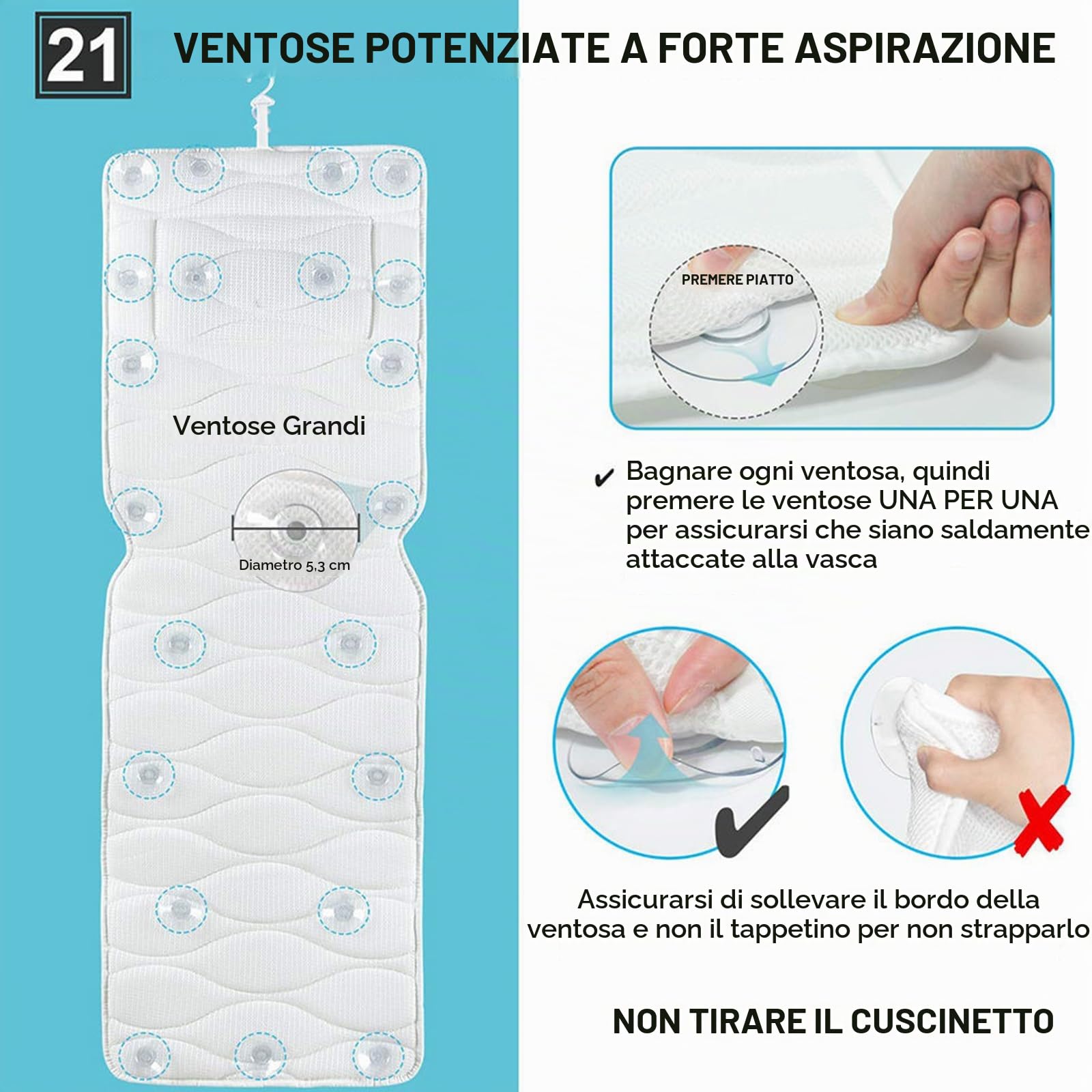 Cuscino per vasca da bagno completo con 13 ventose per testa, collo, spalle e schiena, per rimuovere la cellulite e la pelle secca, massaggio delicato