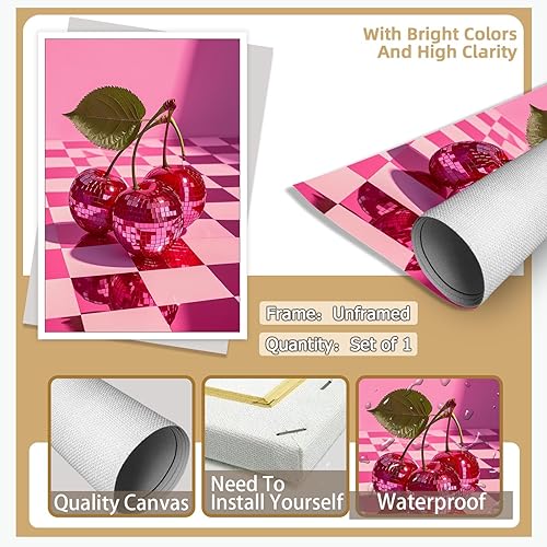 Miniatura 7 de HMYLCQN Póster de cereza disco a la moda, imágenes de preppy, arte de lienzo rosa de los años 70 y 80 para niñas, arte de pared estético para