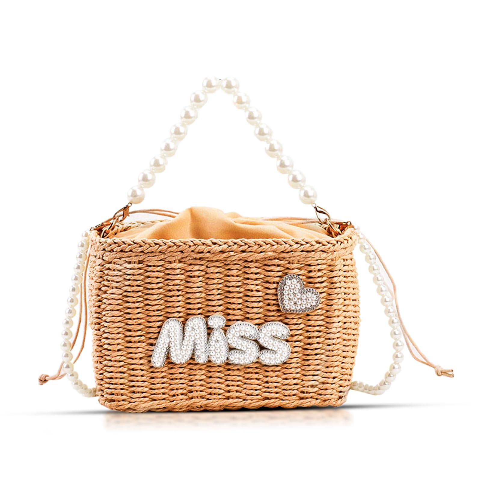 Crossbody Bags for Women Straw Bag Square Hand-Woven Beach Bag Pearl Handles and Long Shoulder Straps Straw Tote