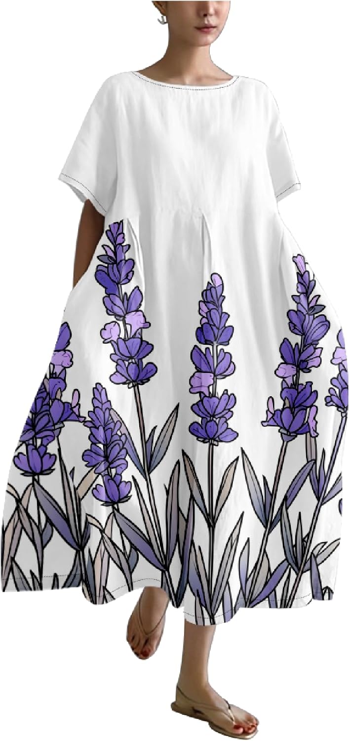 Summer Dresses for Women 2024 Maxi Oversized Fashion Crew Neck Short Sleeve Ladies Dresses Ruffle Hem Sundress