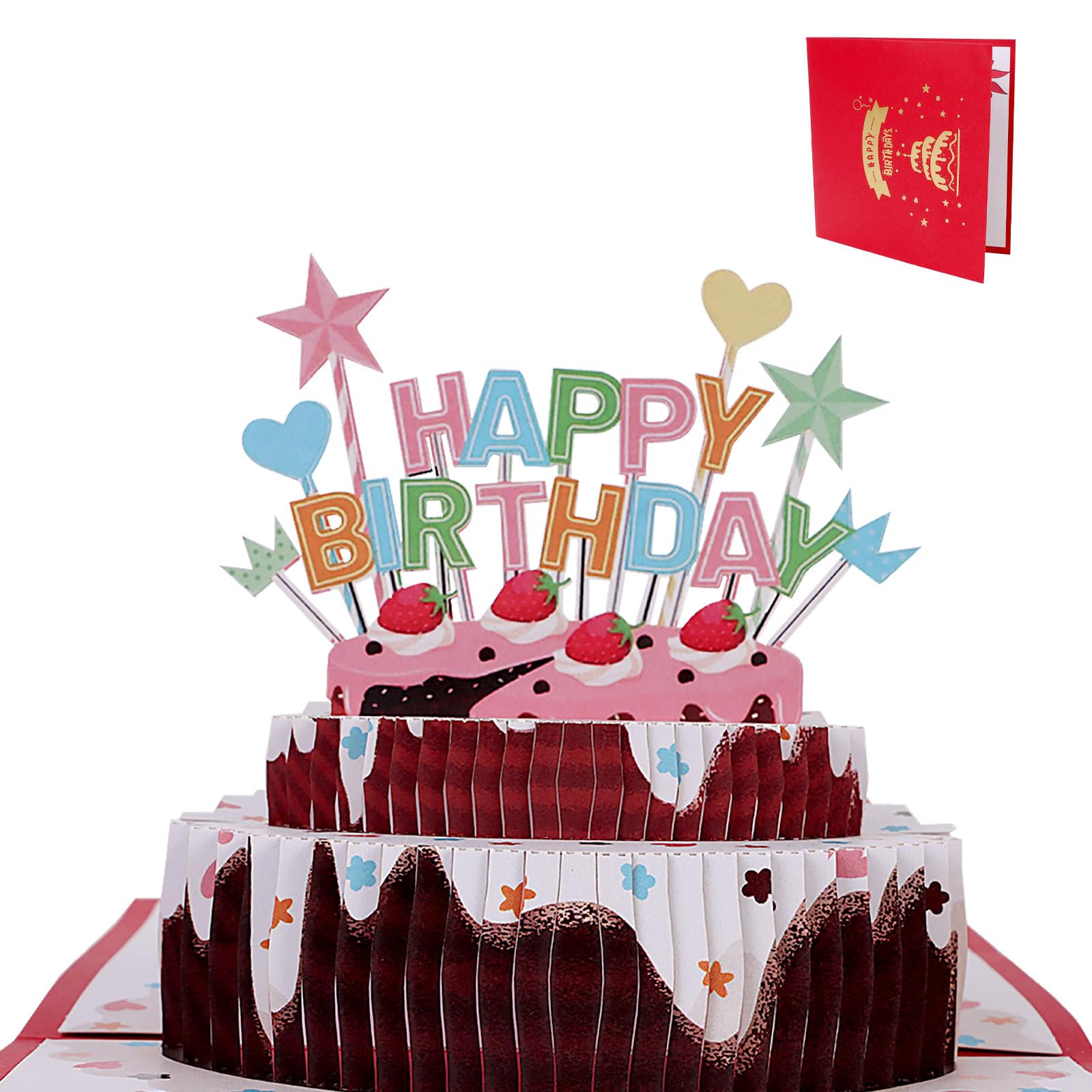 Biglietto Di Auguri Pop-up 3D Con Torta Alle Fragole + Cartolina Rosa Scritta A Mano - Regalo Compleanno - 3