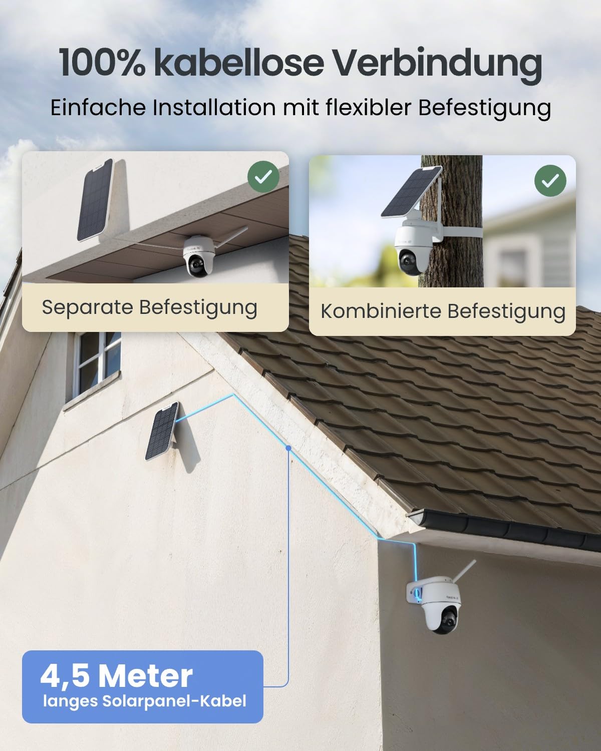 Reolink Erste 4K Solar Überwachungskamera Aussen Akku, Argus PT Ultra + Solarpanel, 2,4&5GHz WiFi, Auto-Tracking, Solar WLAN Kamera Outdoor mit 8MP UHD Farbnachtsicht, KI-Erkennung, Keine Monatsgebühr