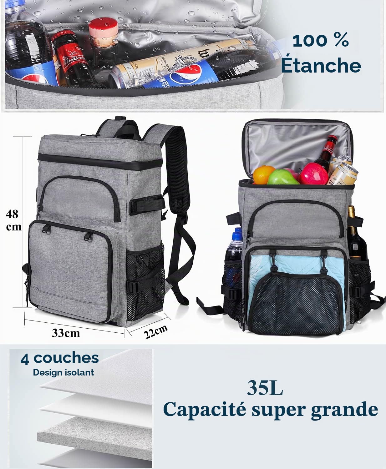 DEWUR Sac à dos isotherme de 35 l - Étanche - Avec décapsuleur - Pour pique-nique, camping, plage, randonnée, voyage, shopping - Noir et gris