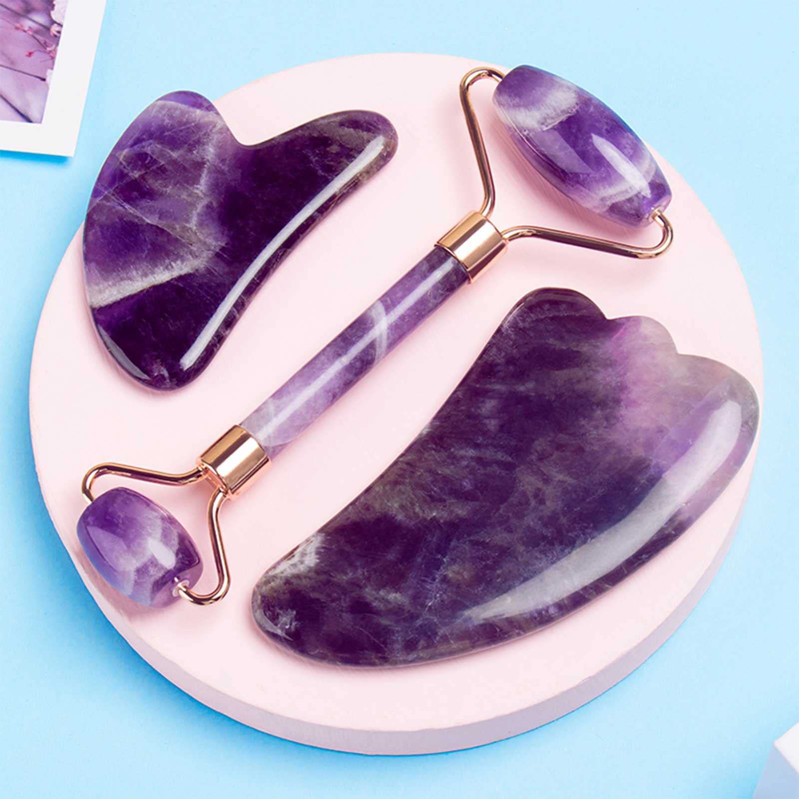 Zestaw narzędzi Gua Sha Roller do twarzy, naturalny jadeit i ametyst, do podnoszenia, napinania i pielęgnacji skóry, masaż południka i czyszczenia piegów