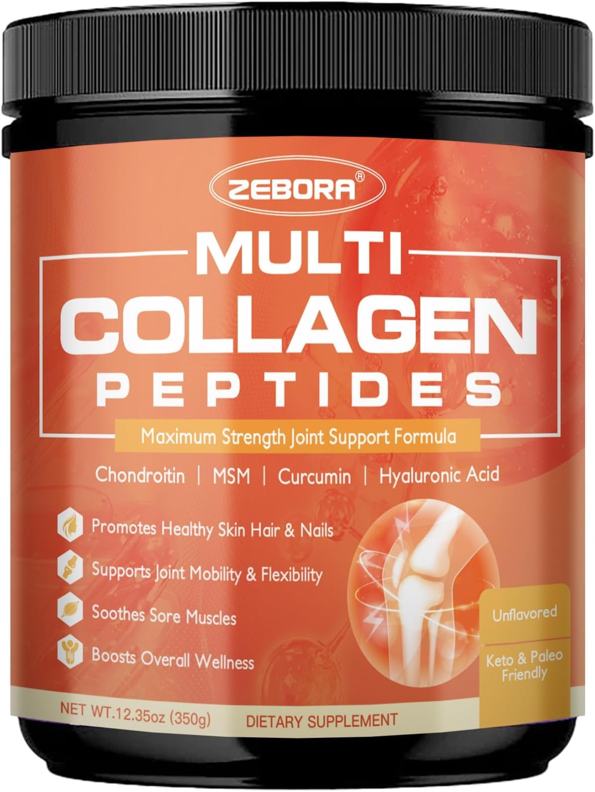ZEBORA Multi-Collagen-Peptides-Powder with MSM & CS for Joint, Type I II III V X Hydrolyzed Collagen Peptides with Hyaluronic Acid & Vitamin C for Women and Men Hair, Skin, Nails, Non-GMO, 35 Servings