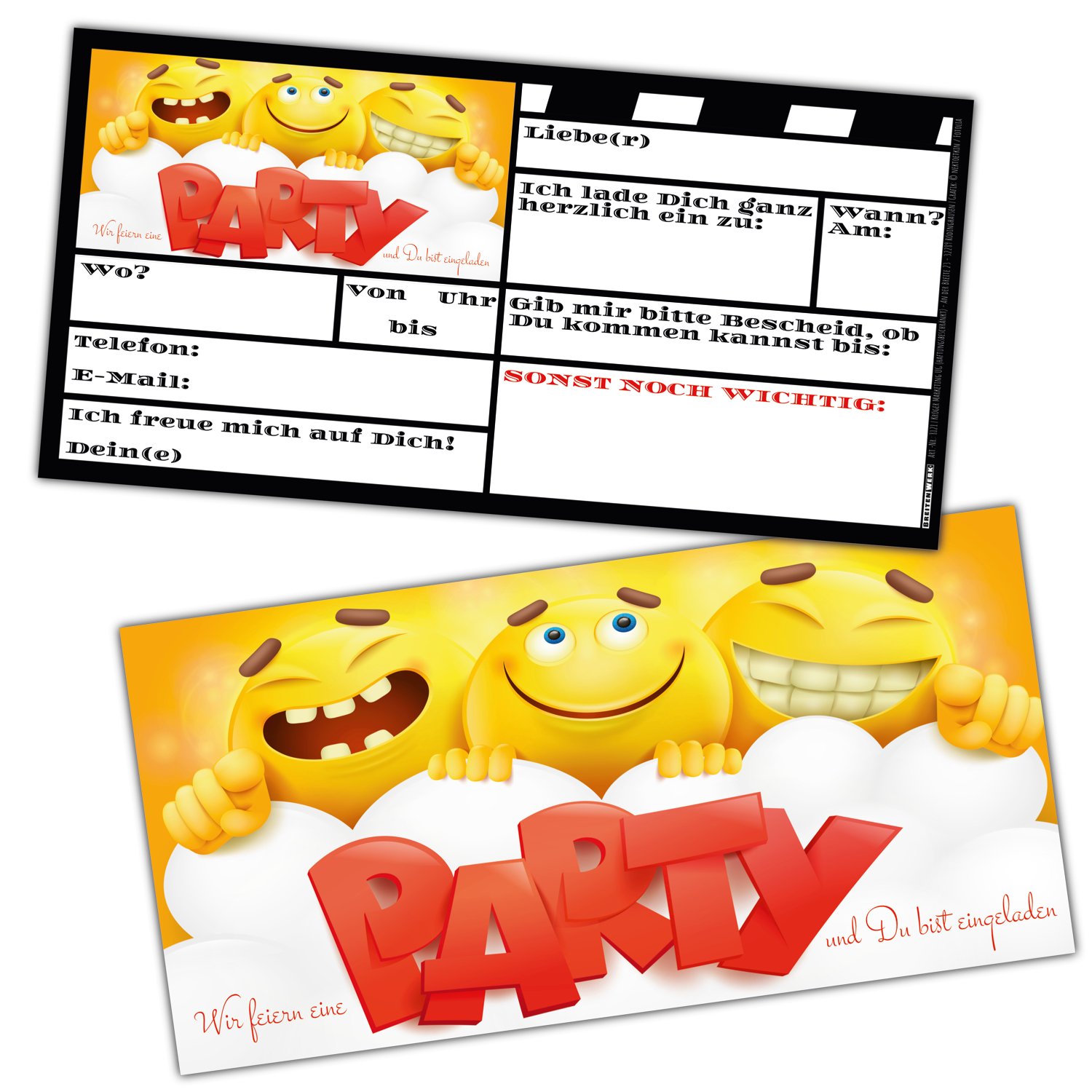 BREITENWERK 12 Smiley Einladungskarten im Set zum Ausfüllen - Coole Emoji Geburtstags-Einladungen für Jungen und Mädchen Kindergeburtstag Party