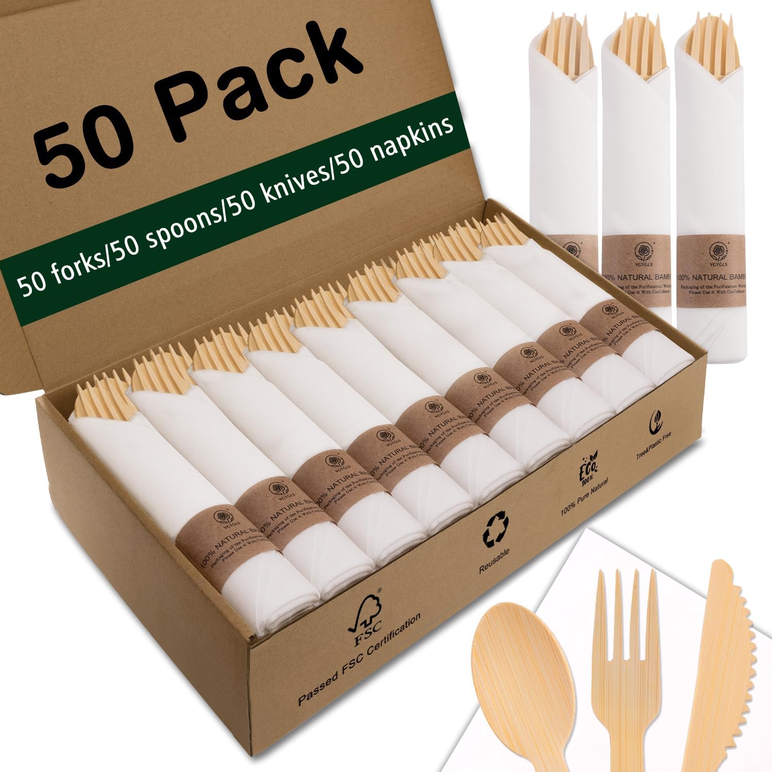 Bamboo Compostable Cutlery Set 50 Pack – Biodegradable Utensils with Forks, Knives, Spoons & Napkins – Eco Friendly Disposable for Wedding, Party & Camping