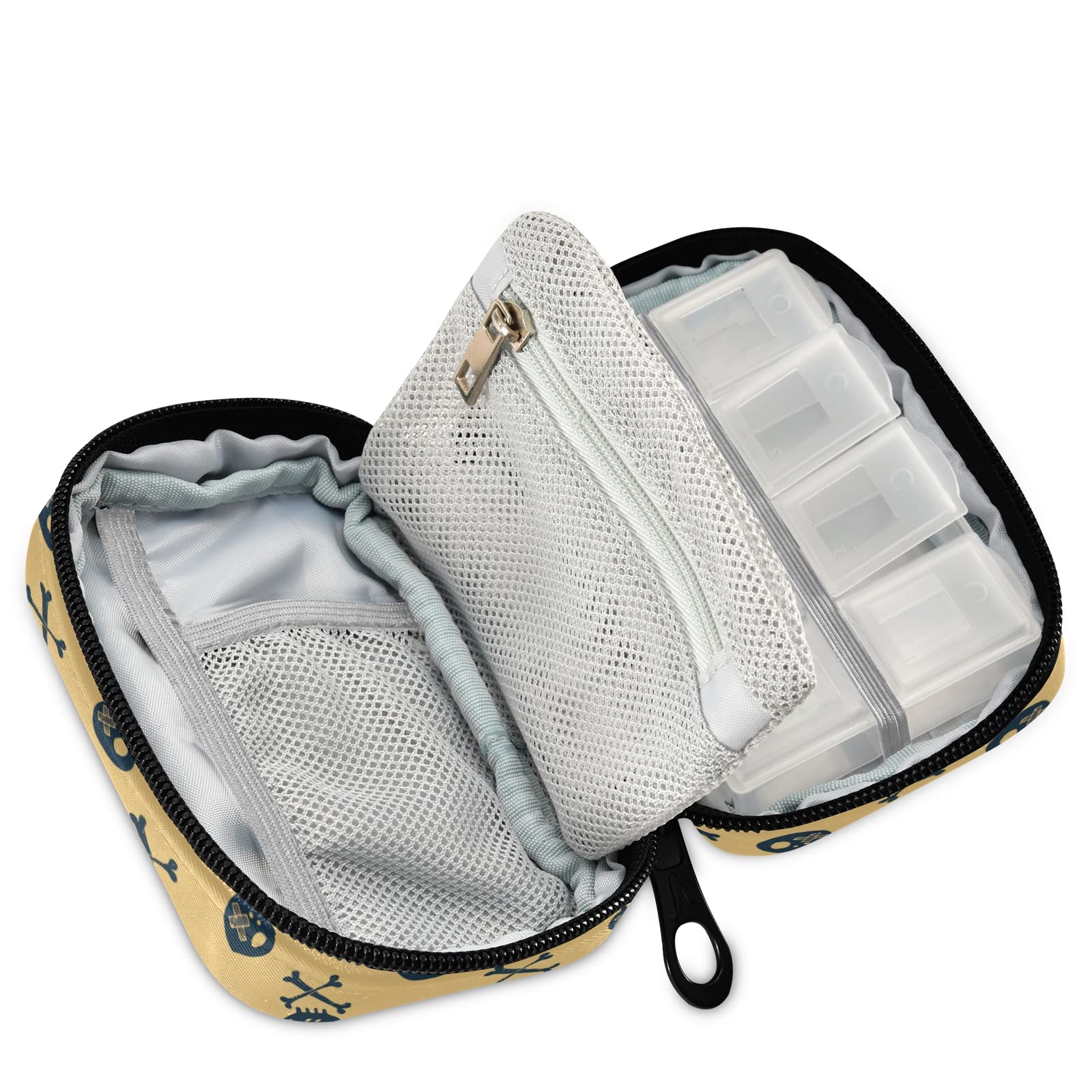 Naanle Skulls and Bones Pill Box 7 Day Pill Case Travel Pill Organizer Bag with Zipper Portable Weekly Case Compact Size for Vitamin Supplement Holder