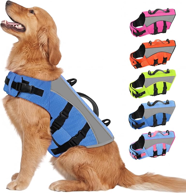 Colete salva-vidas para cães Queenmore com espuma de poliuretano, alças e faixas refletivas (Large)