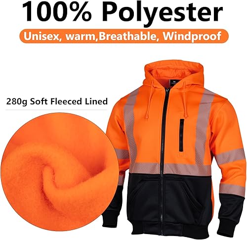 Miniatura 4 de VENDACE Alta visibilidad ANSI Clase 3 Reflectante de Seguridad Fleece Sudadera con capucha para hombres Hi Vis Sudaderas Chaqueta con cremallera