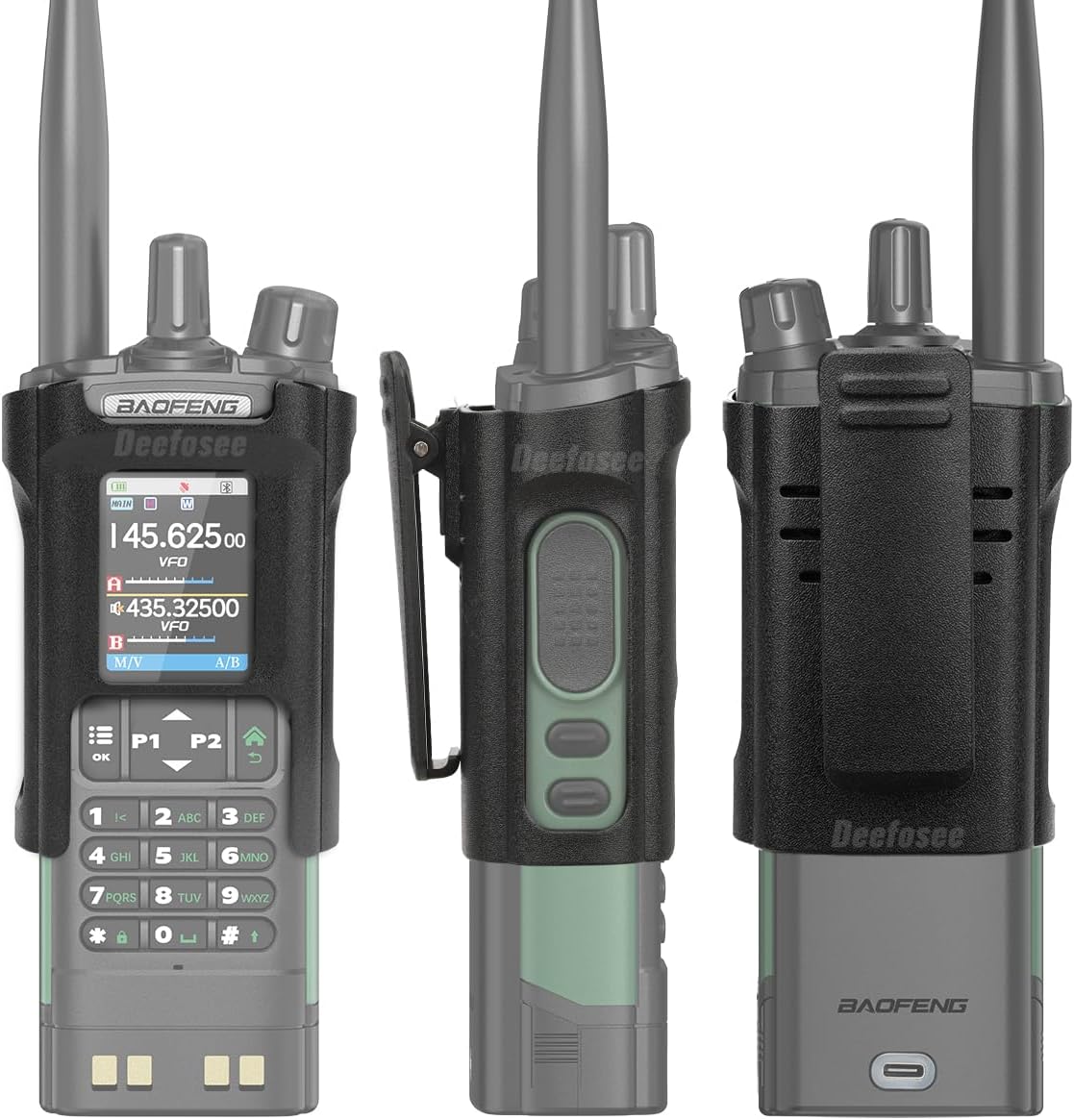 Image showing the BAOFENG radio secured in the holster from multiple angles, highlighting its fit and accessibility.