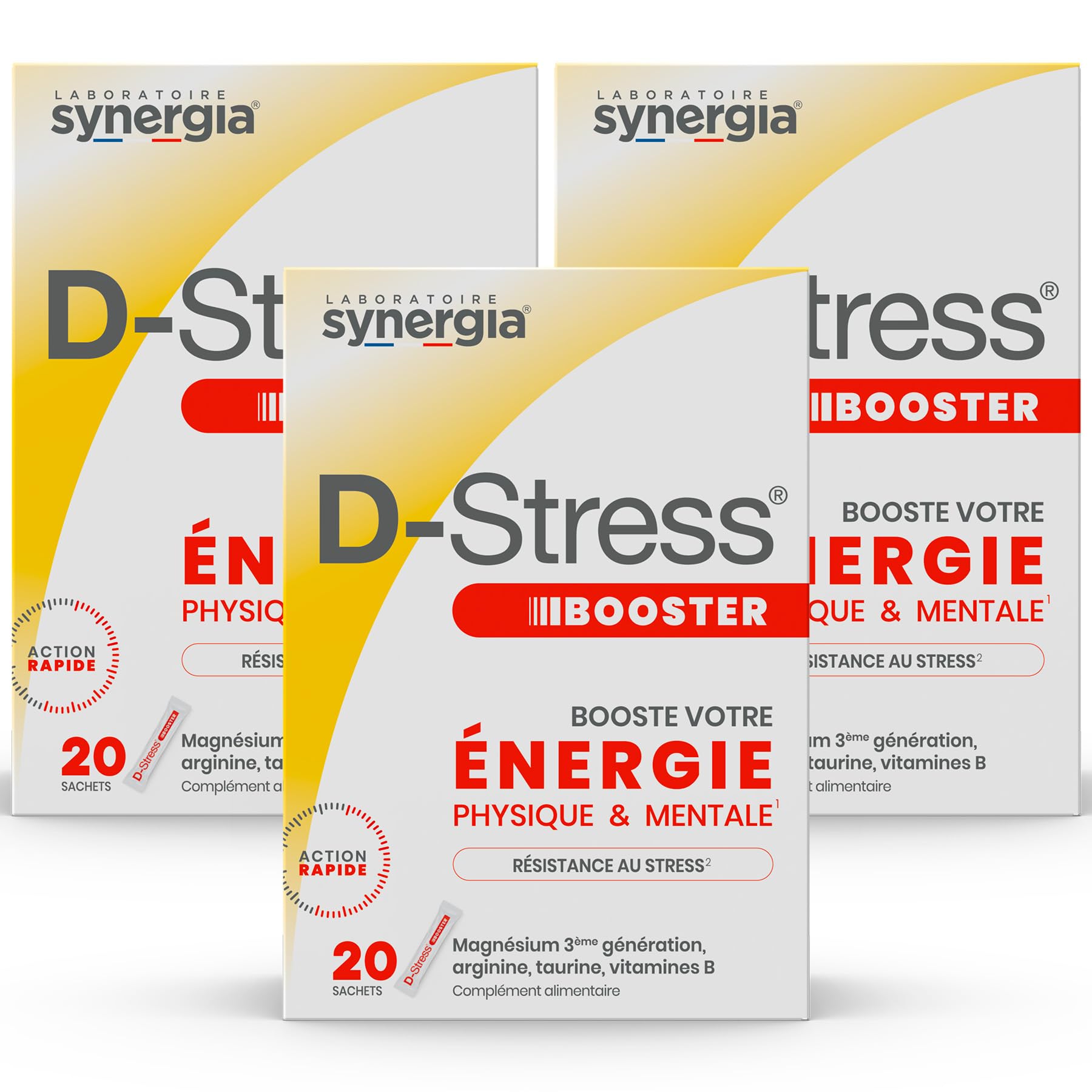 D-STRESS BOOSTER Lot de 3 + 1 Produit Synergia Offert | Magnésium de 3ème Génération + Taurine + Arginine + Vitamines B | Gère les Montées de Stress en 30 Minutes | LABORATOIRE SYNERGIA