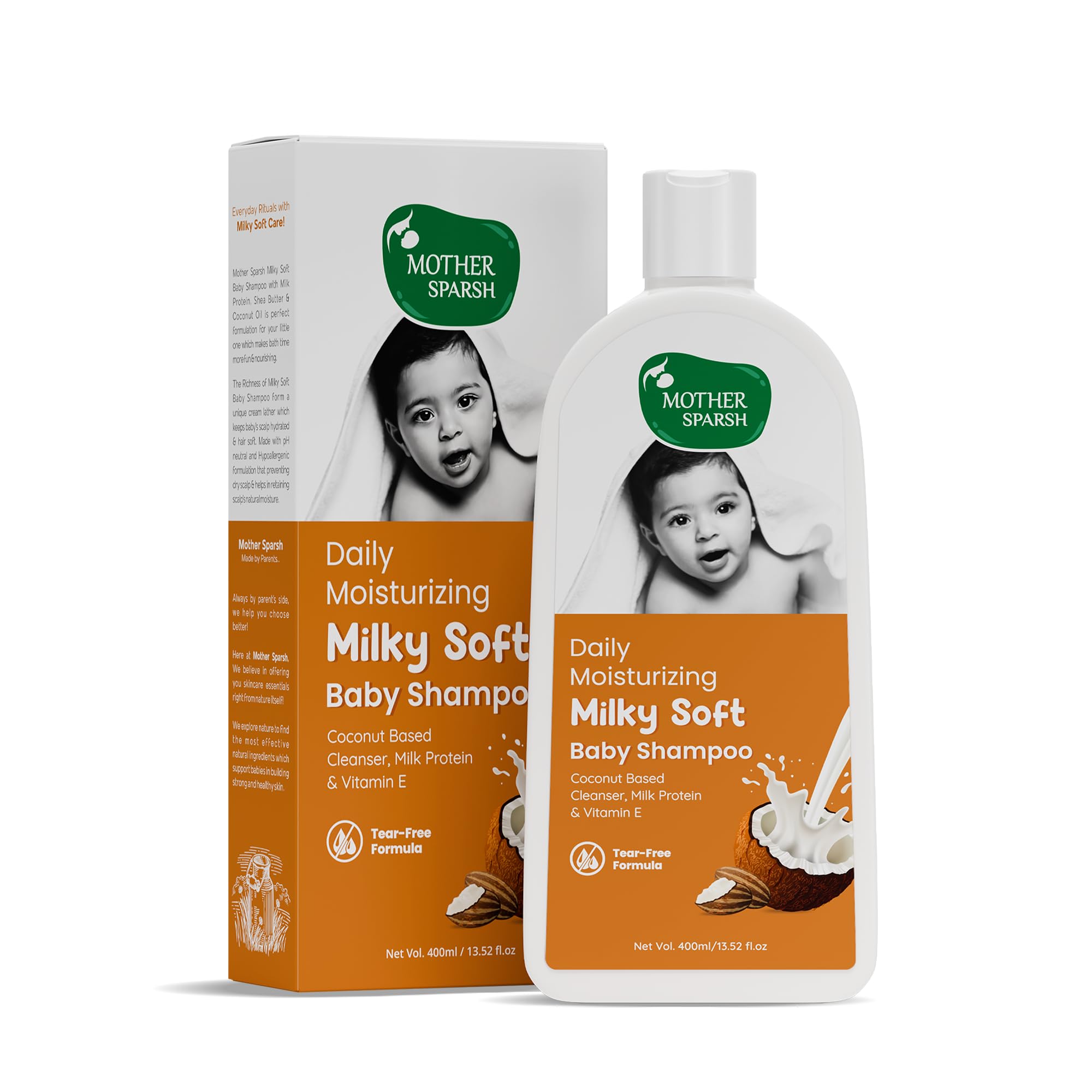Mother Sparsh Milky Soft Baby Shampoo - 400ml | For Daily Moisturizing | Tear Free Formula With Milk Protein, Vitamin E & Coconut Oil