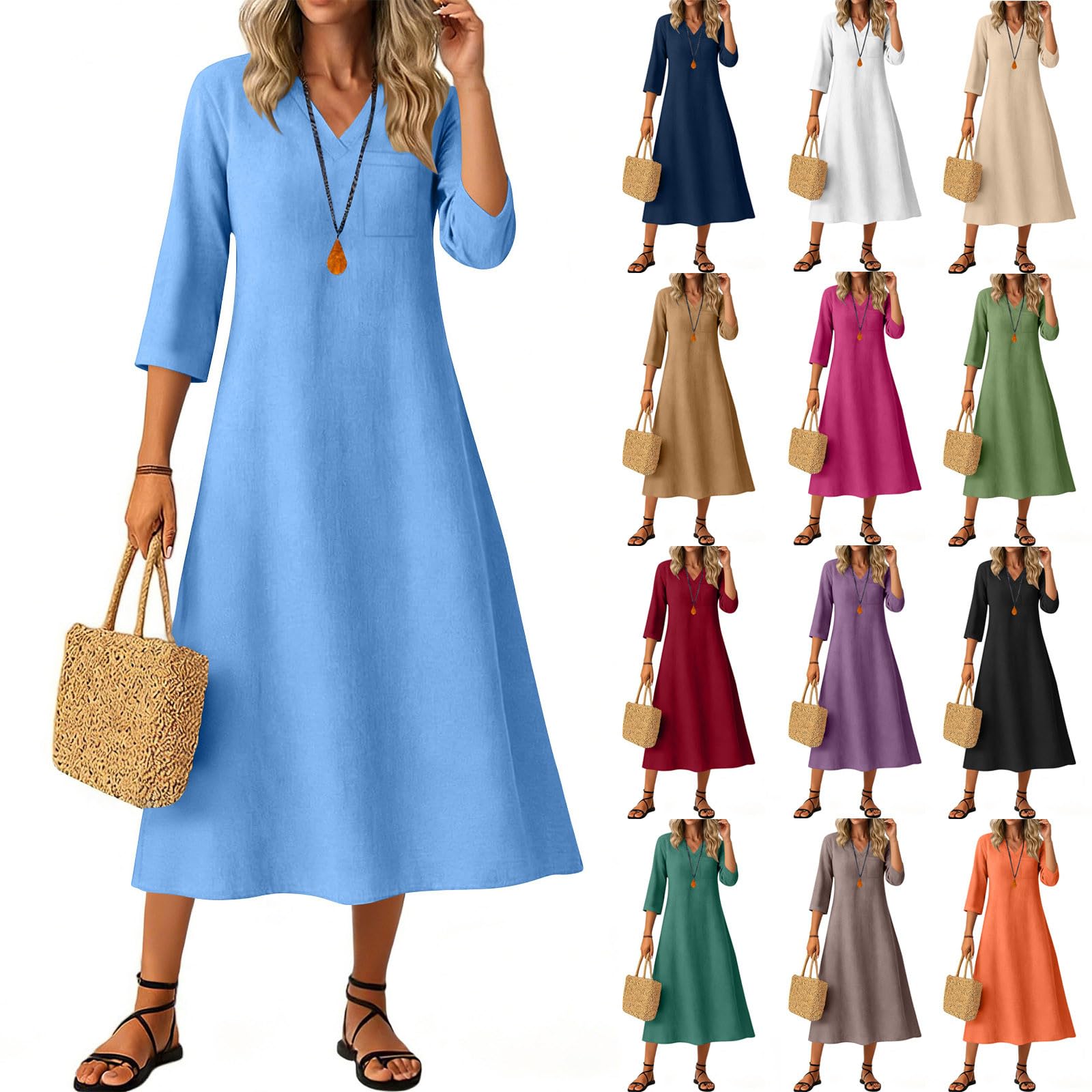 RLEHJN Maxikleider Damen Sommer,Langarm V-Ausschnitt Sommerkleid Boho Kleid Einfarbige Lang Strandkleid Leicht Und Luftig Leinenkleider Freizeitkleid Elegant Casual Kleider Baumwollkleid