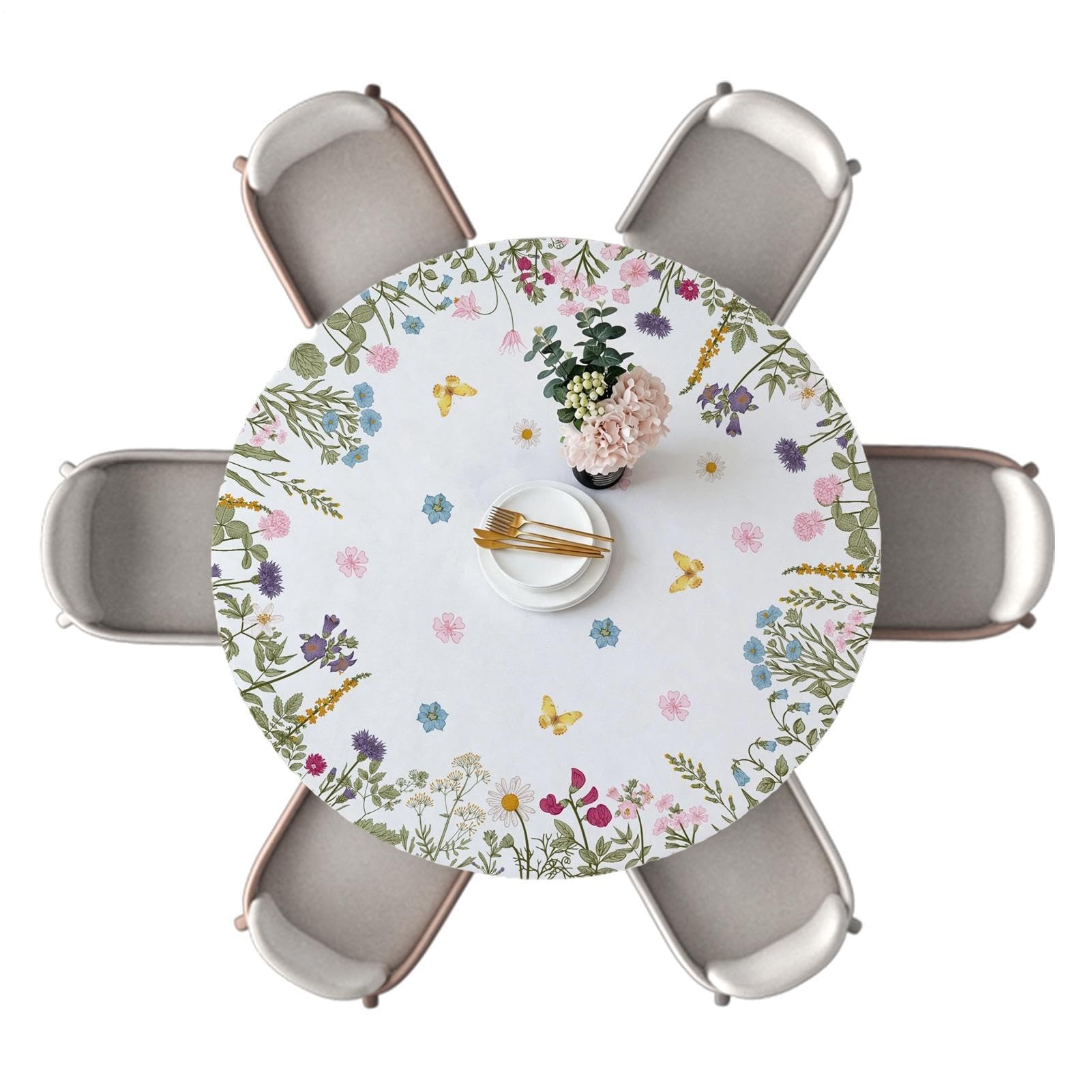 Nappe ronde florale élastique 119 cm pour table de salle à manger