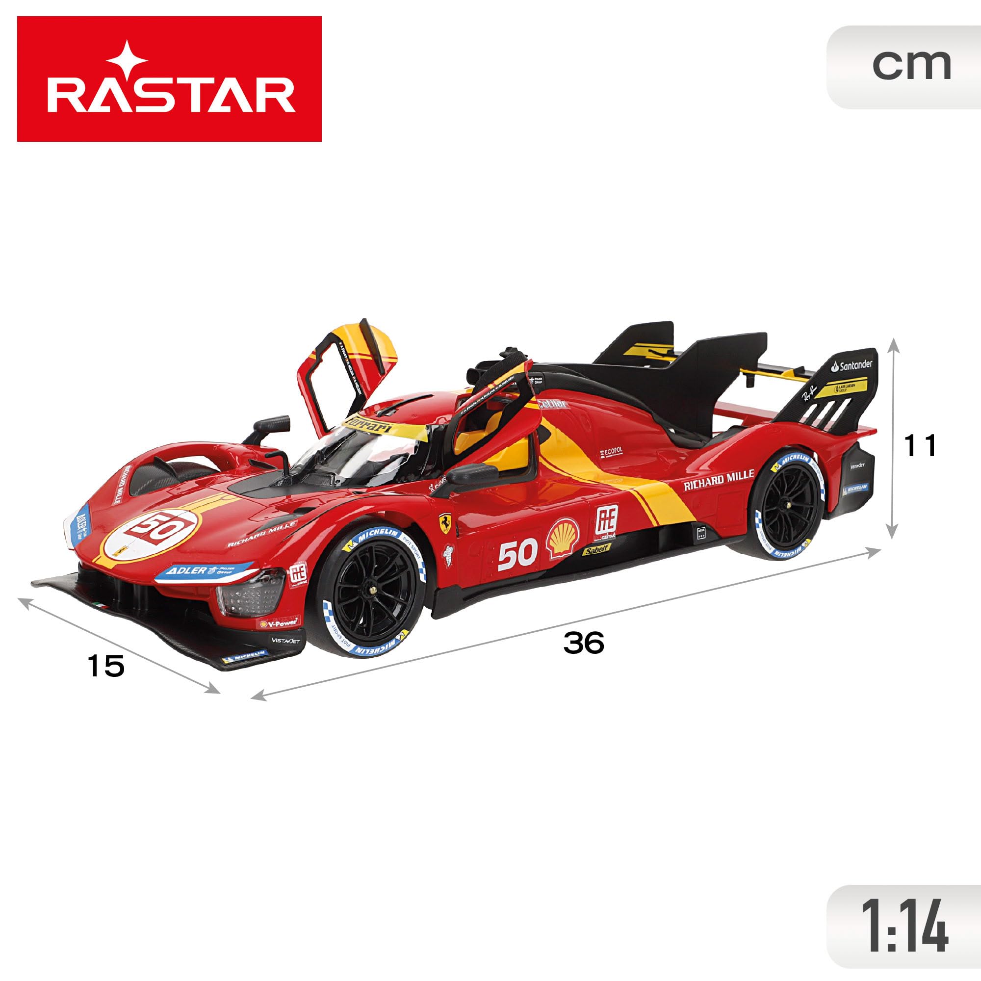 COLORBABY RASTAR Ferrari 499P Le Mans Coche RC 1:14 con 6 Funciones y Mando, Diseño Deportivo y detallado, para Fans de Ferrari y coleccionistas, con Luces y Puertas manuales, Radiocontrol (41288)
