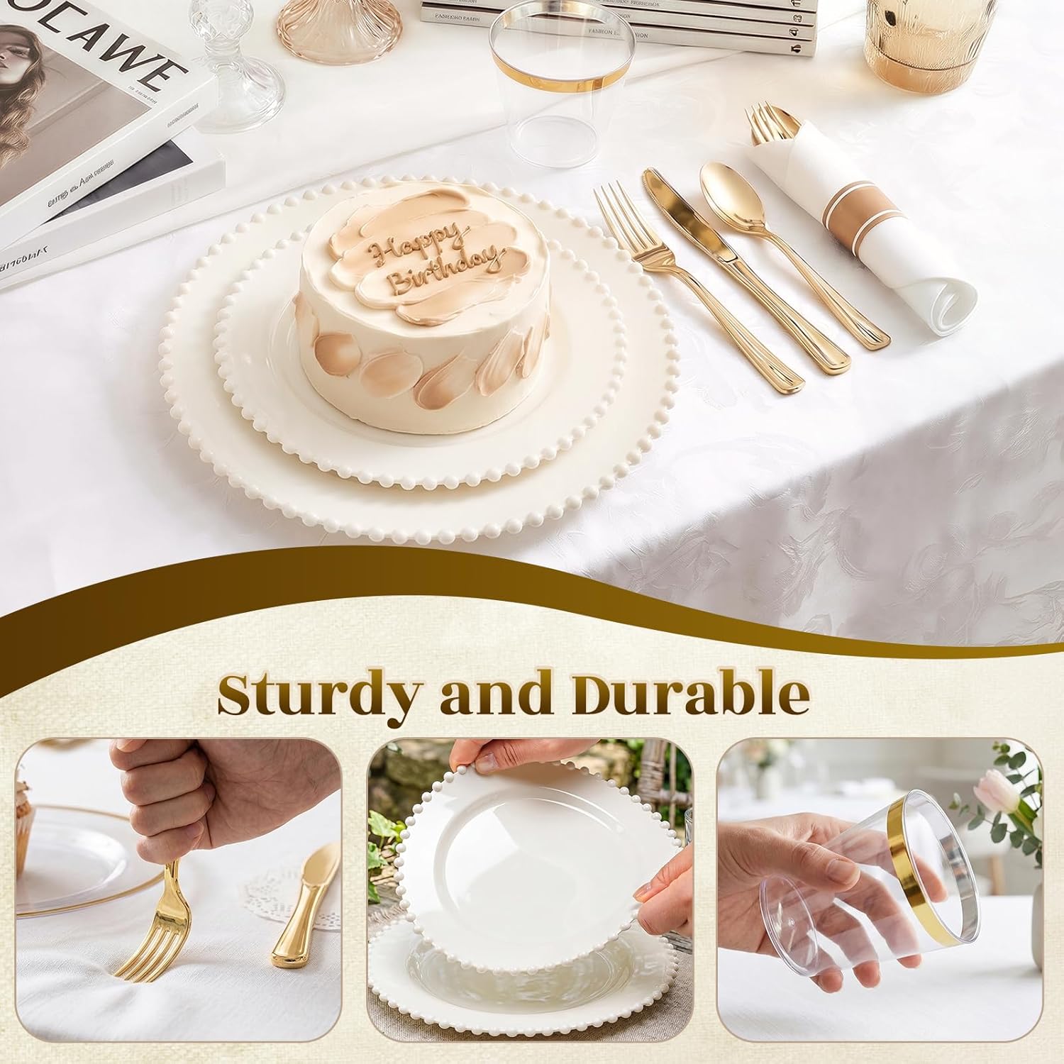 175pcs Plastic Dinnerware Set,Ivory Fancy Beaded Plastic Plates for 25 Guests Include 50 Elegant Plastic Plates,75 Plastic Silverware Set,25 Cups and 25 Pre Rolled Napkins for Mother's Day