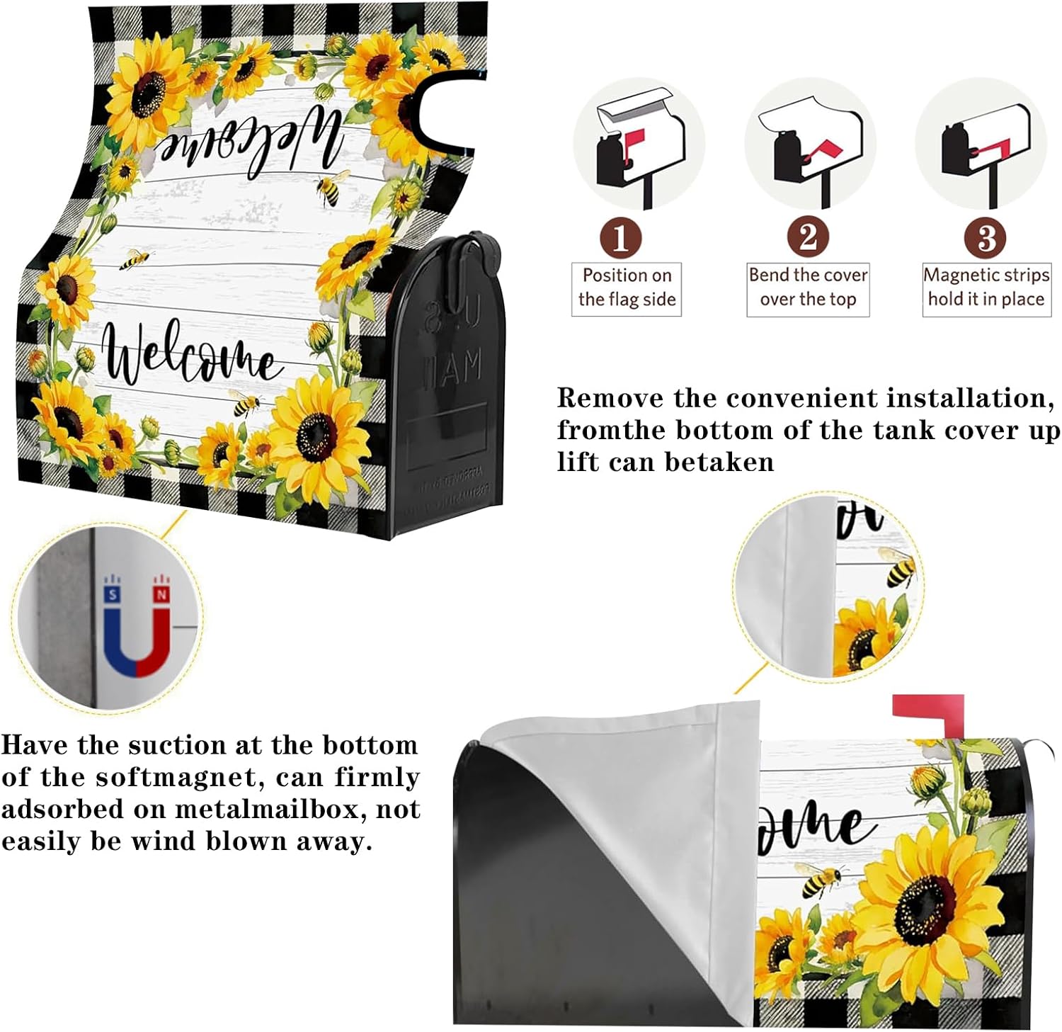 Sunflower Bee Magnetic Mailbox Cover, Standard Size 21x18 Inch, Rustic Wood Grain Mailbox Wrap, Summer Waterproof Mailbox Cover for Outdoor Yard Garden Decor. image 4