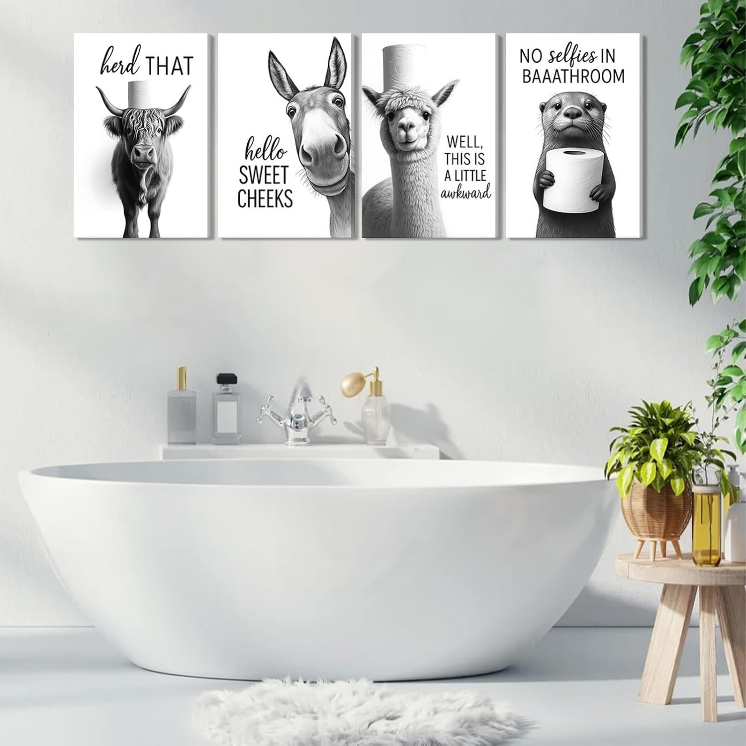Funny Bathroom Wall Art Set of 4 Black and White Bathroom Wall Decor Toilet Paper Pictures Cute Humorous Animal Posters Prints Toilet Signs Painting Artwork Decoration 8x10in