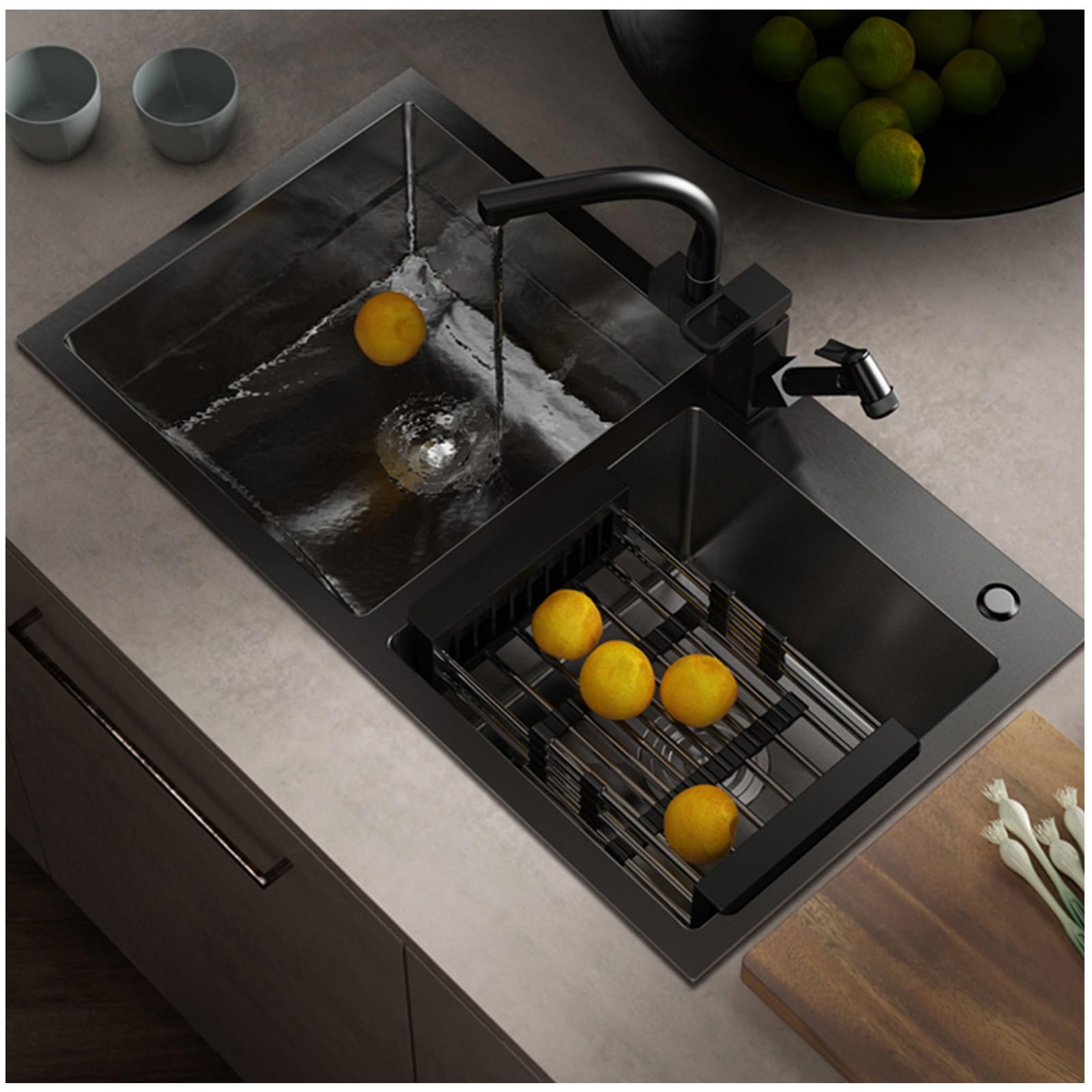 Gljtuo Black Modern Kitchen Sink With Waterfall Tap, Stainless Steel Single Bowl Set With Pressure Washer, Chop Board, Drip Basket And Accessories For Home Use,-Grey A-80X45cm