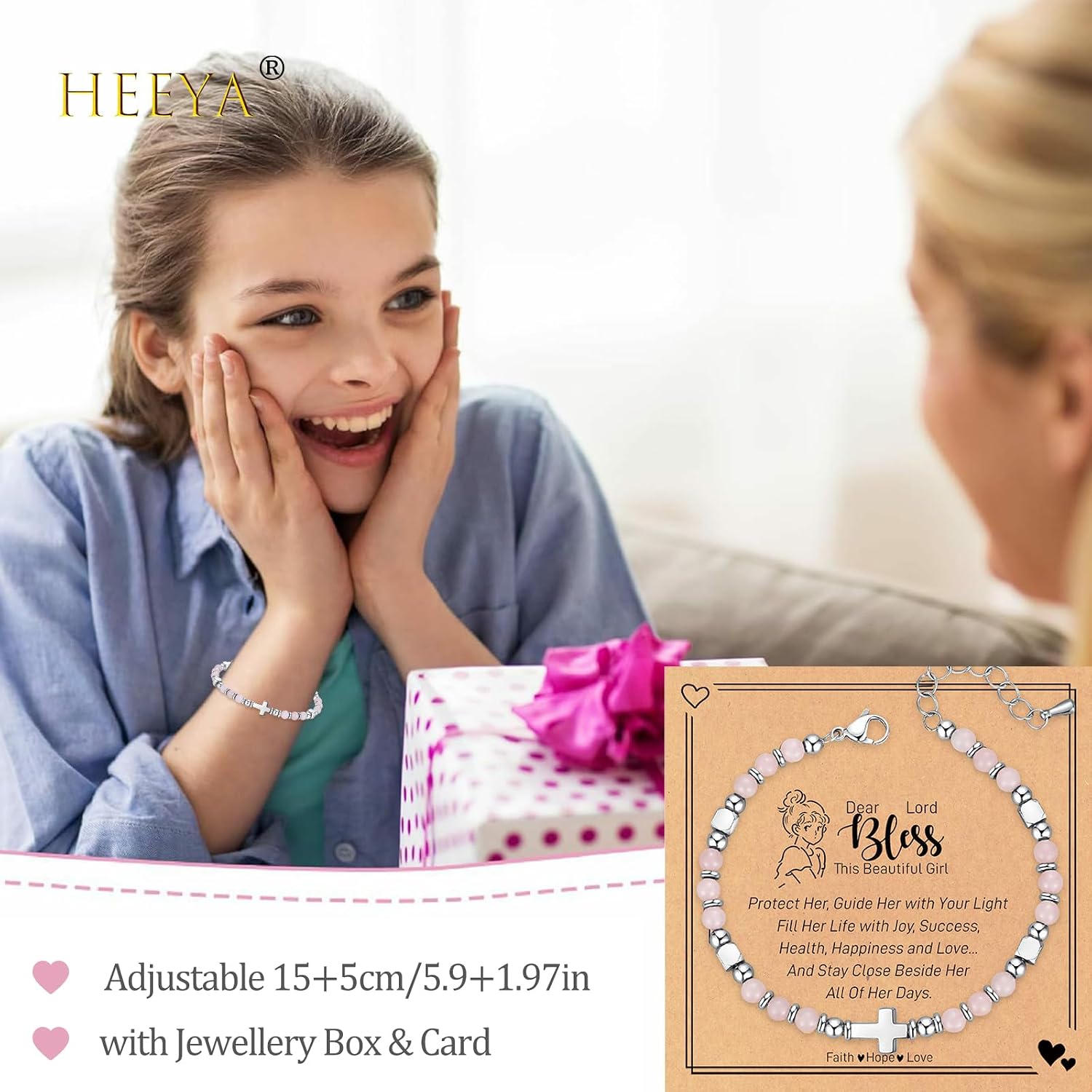 HEEYA Bracelets for Women - First Holy Communion Gifts for Girls, Sweet Heart/Cross Charm Natural Stone Bracelets, Unique Jewellery Gifts with Box & Card image 2