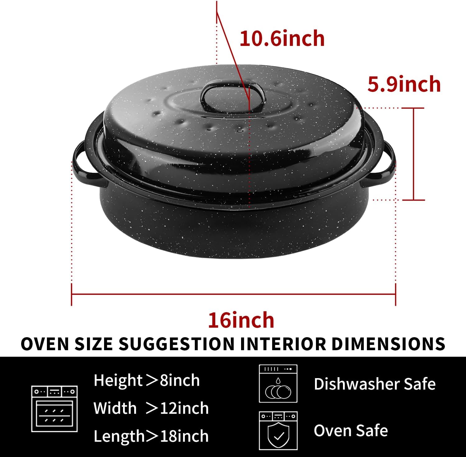 16Inch Roasting Pan, Enamel on Steel, Black Covered Oval Roaster Pan with Lid, Medium Cookware for Turkey, Small Chicken, Roast Baking Pan. - Image 4