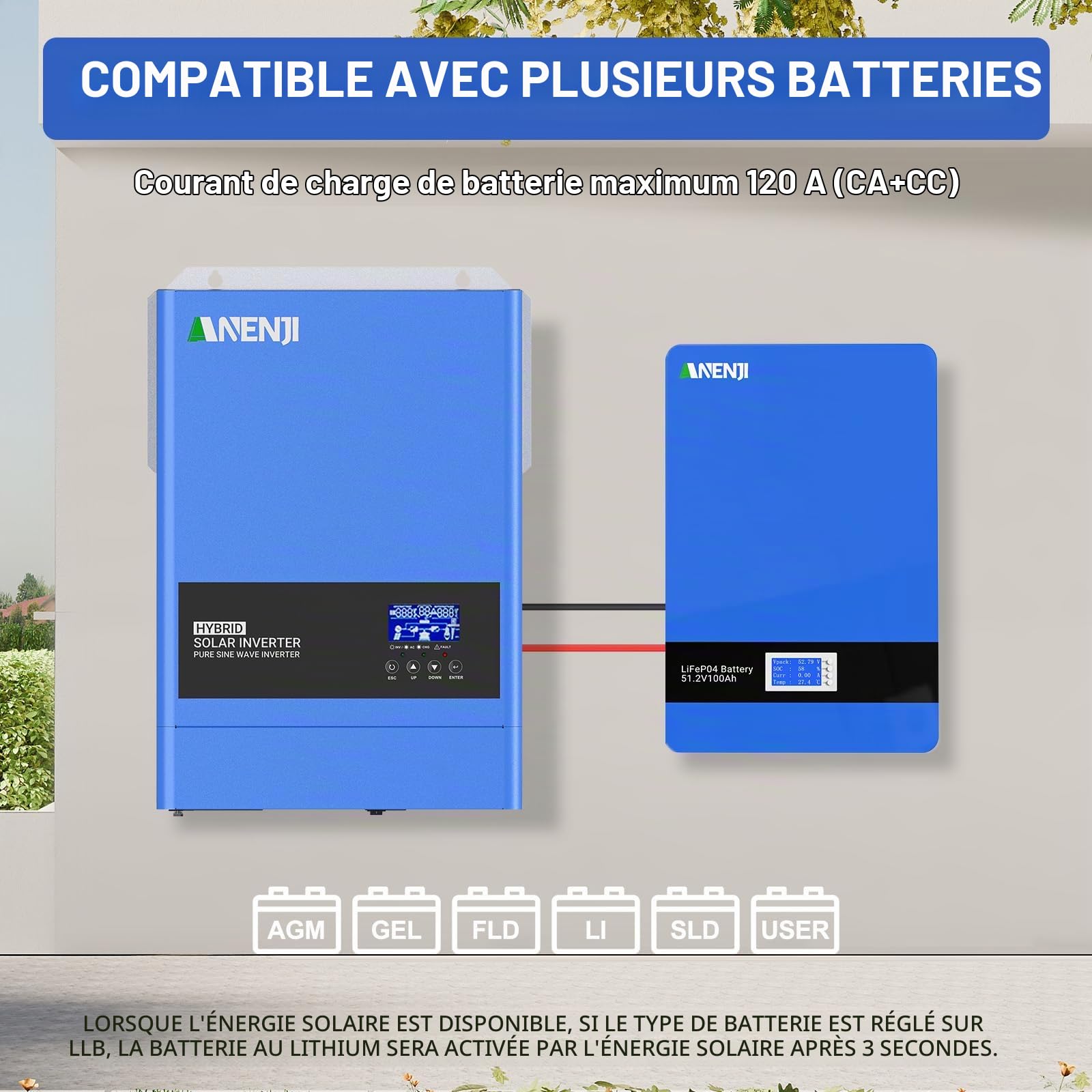 Onduleur Hybride Solaire 6200W 48VDC à 230VAC Onduleur à Onde sinusoïdale Pure avec régulateur de Charge Solaire MPPT 120A, Tension d'entrée PV Max. 500V, pour Batteries Lithium 48V