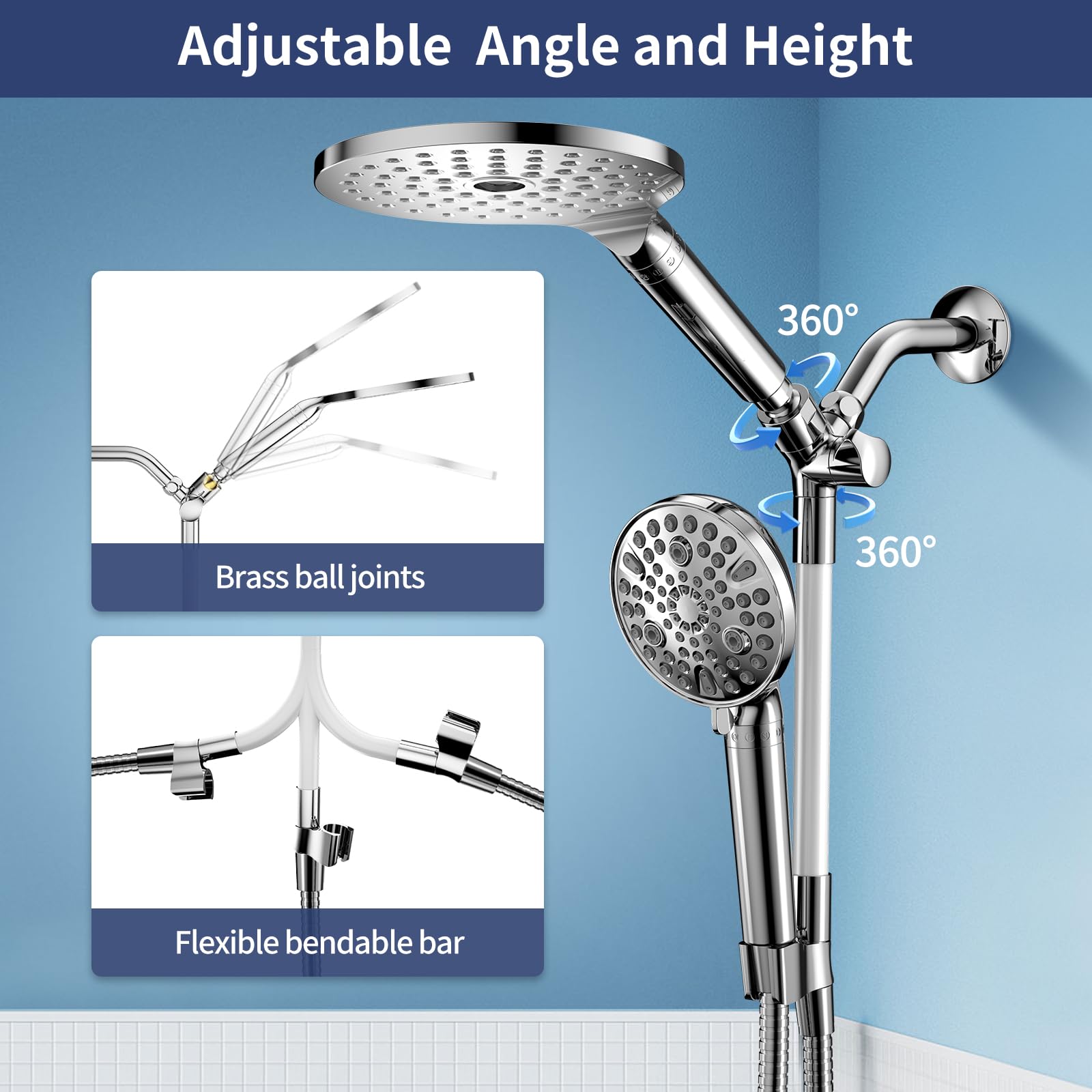 HANLIAN Handbrause Mit Pause-Taste, 3 Sprühmodi, Hochdruck, Wassersparend, 1,5 M Edelstahlschlauch, ABS-Halterung, Einfach Zu Installieren