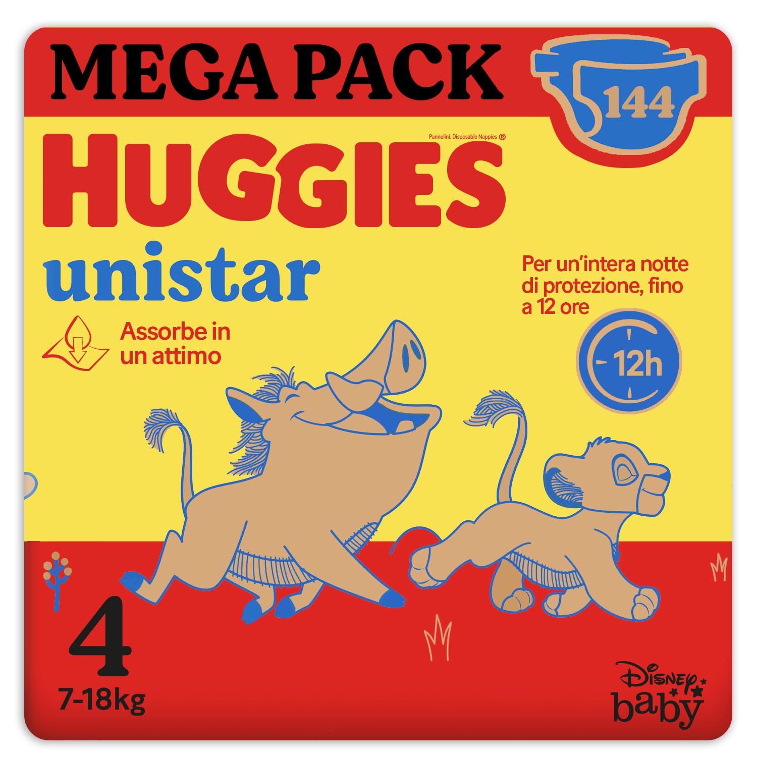 Huggies Unistar, Pannolini Taglia 4 (7-18 Kg), Design Disney, Pacco Scorta, 144 Pz