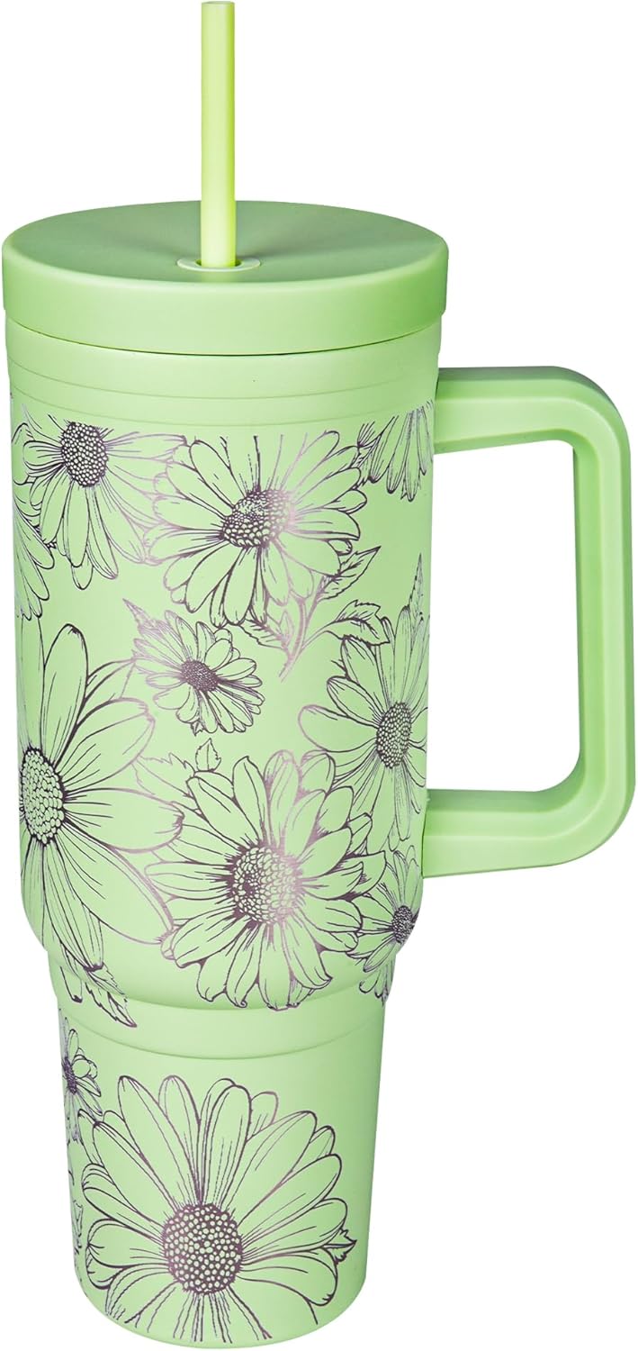 Engraved Daisy 40oz Insulated Tumbler with Handle, Lid & Straw - Use for Water, Tea, Coffee & More-Disabled USMC Vet Owned Small Business-Daisy 40oz Tumbler