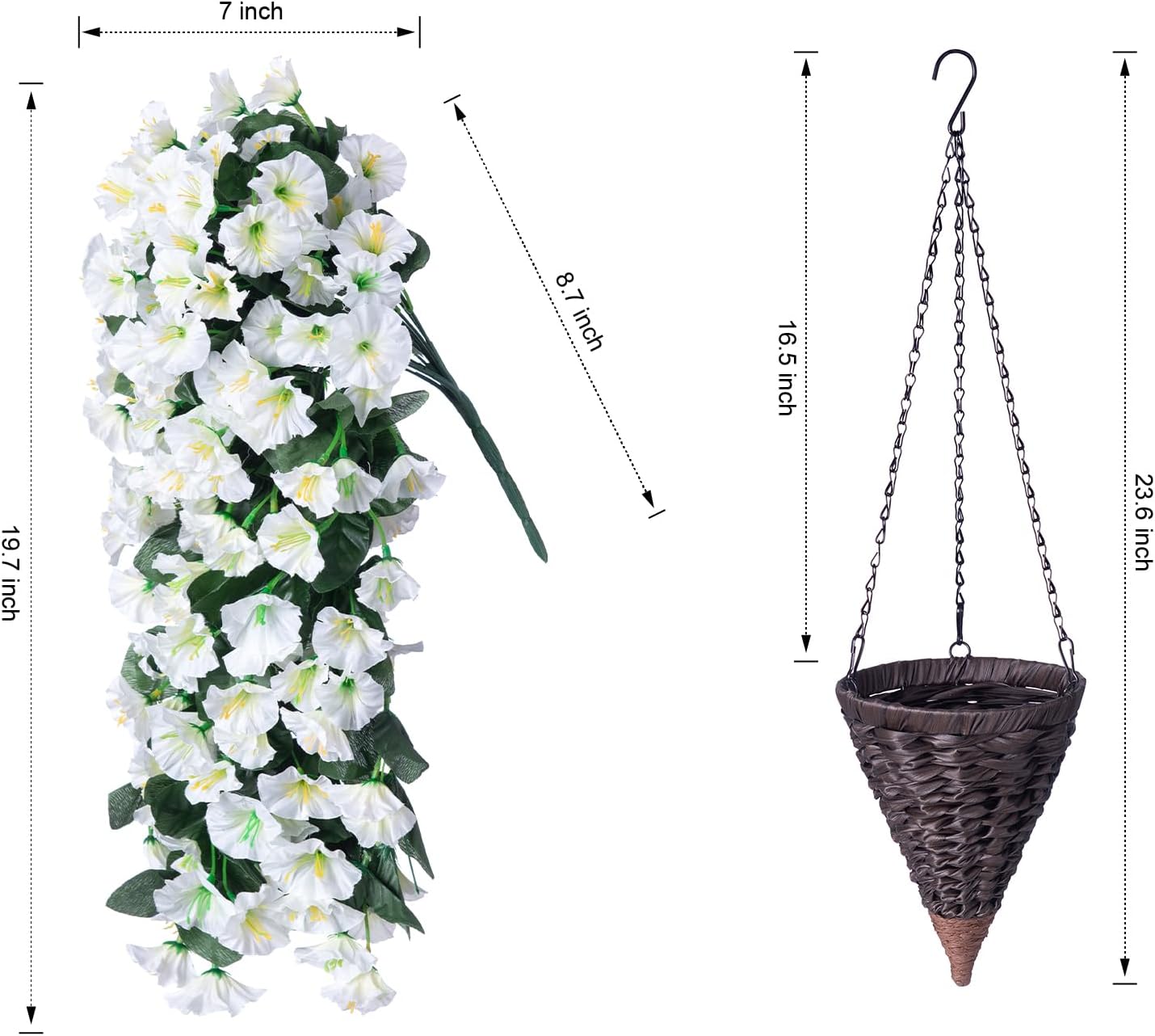 Artificial Fake Flowers Plants Hanging Baskets for Outdoor Outside Winter Christmas Decor, Faux Silk Hanging White Morning Glory Trailing Vines UV Resistant for Porch Patio Home Decoration - Image 2