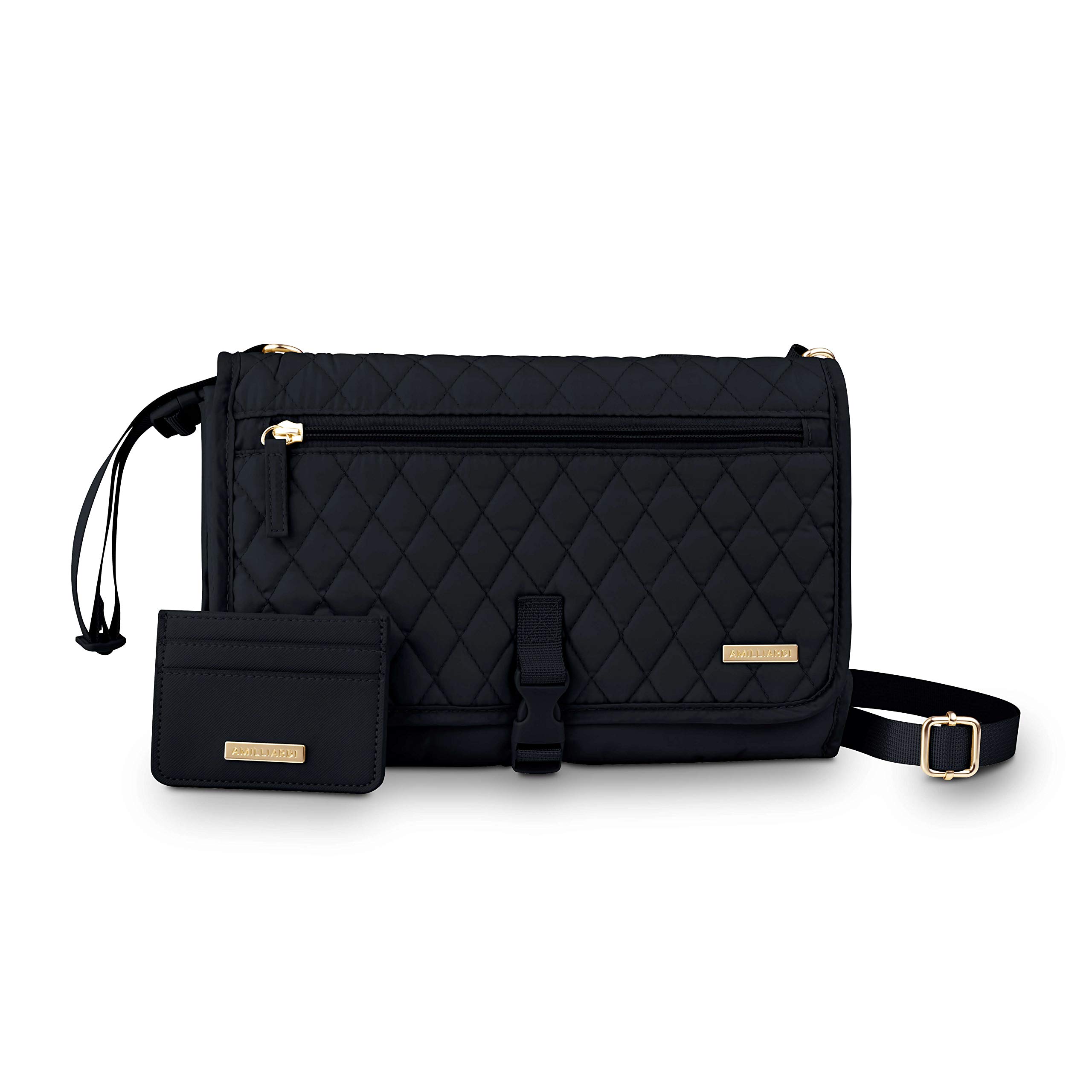 AMILLIARDI Diaper Changing Pad Portable with Credit Card Holder, Changing Mat with Removable Pad for Baby, Hook-on Shoulder Strap, 3 Zipped Pockets (Black)