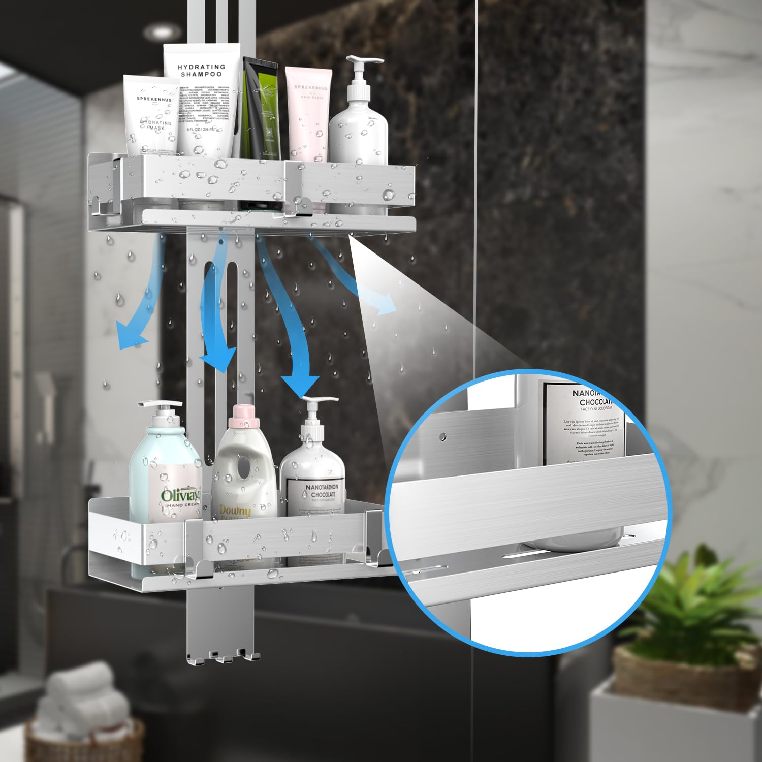 Mensola Doccia Da Appendere In Acciaio Inox - Senza Foratura, 2 Ripiani E 2 Ganci, Porta Bagnoschiuma - Foto 5