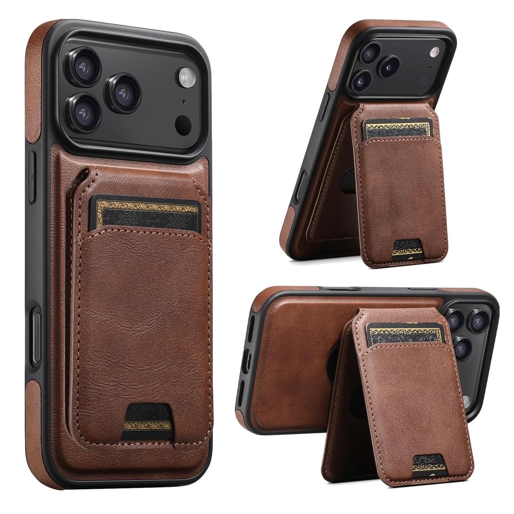 Skórzane etui na iPhone'a 17 Pro Max/17 Pro/Air/17, magnetyczny odpinany uchwyt na karty, etui z podstawką i logo. Widok biznesowy.