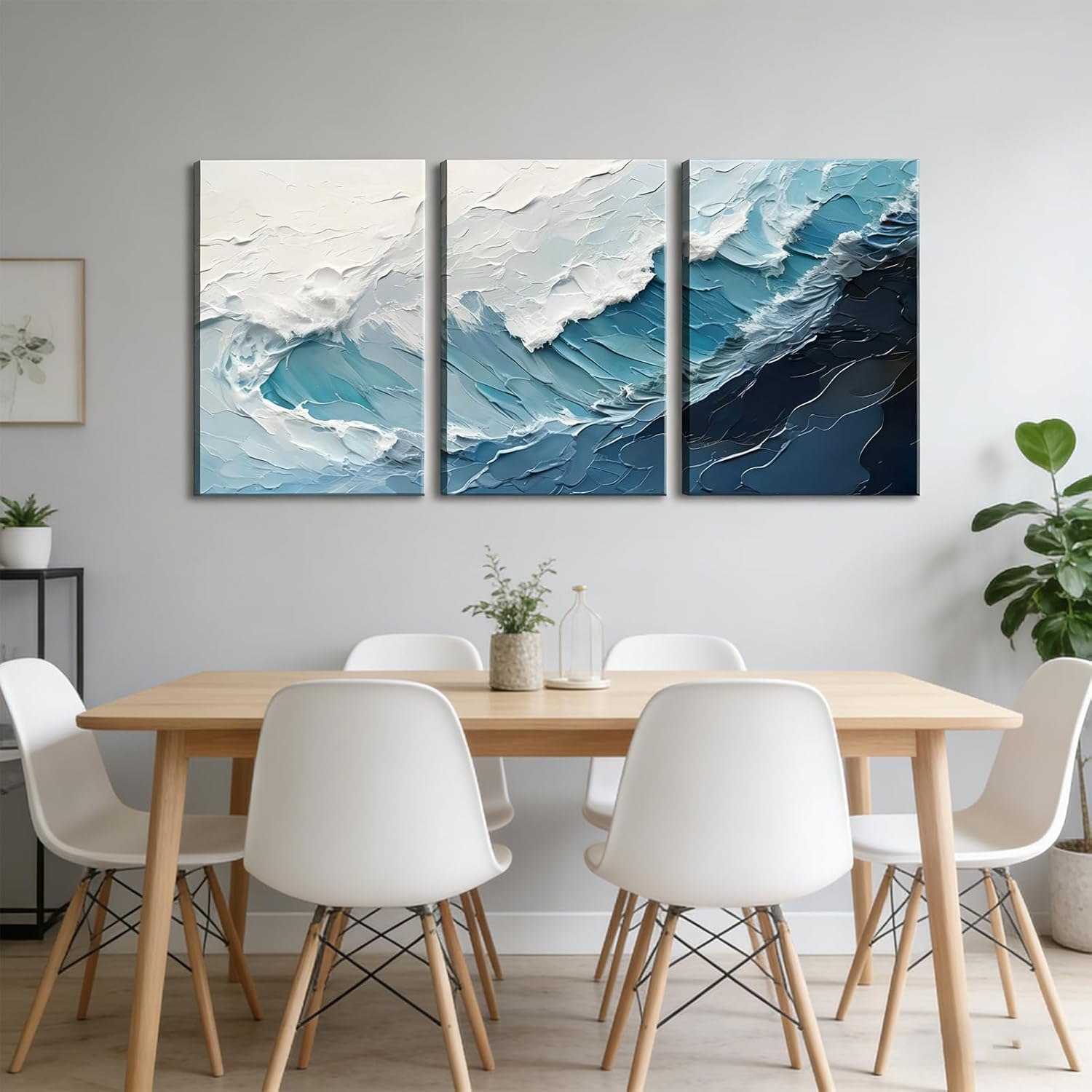 3Pcs Blue Abstract Wave Canvas Wall Art Modern Neutral 3D Textured Ocean Landscape Pictures Wall Decor Blue and White Coastal Posters Prints for Living room Bedroom 16x24in