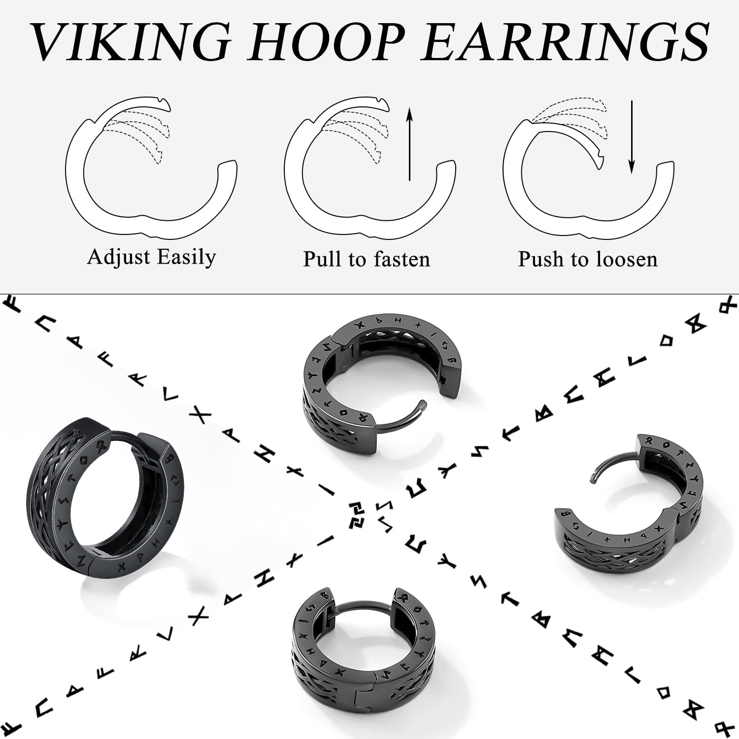 Viking Earrings Norse for Men Women 16mm 925 Sterling Silver Stainless Steel Huggie Rune Celtic Hoop Earring Viking Jewelry Gifts Sturdy Punk Hoop Earrings Silver Black - Image 3