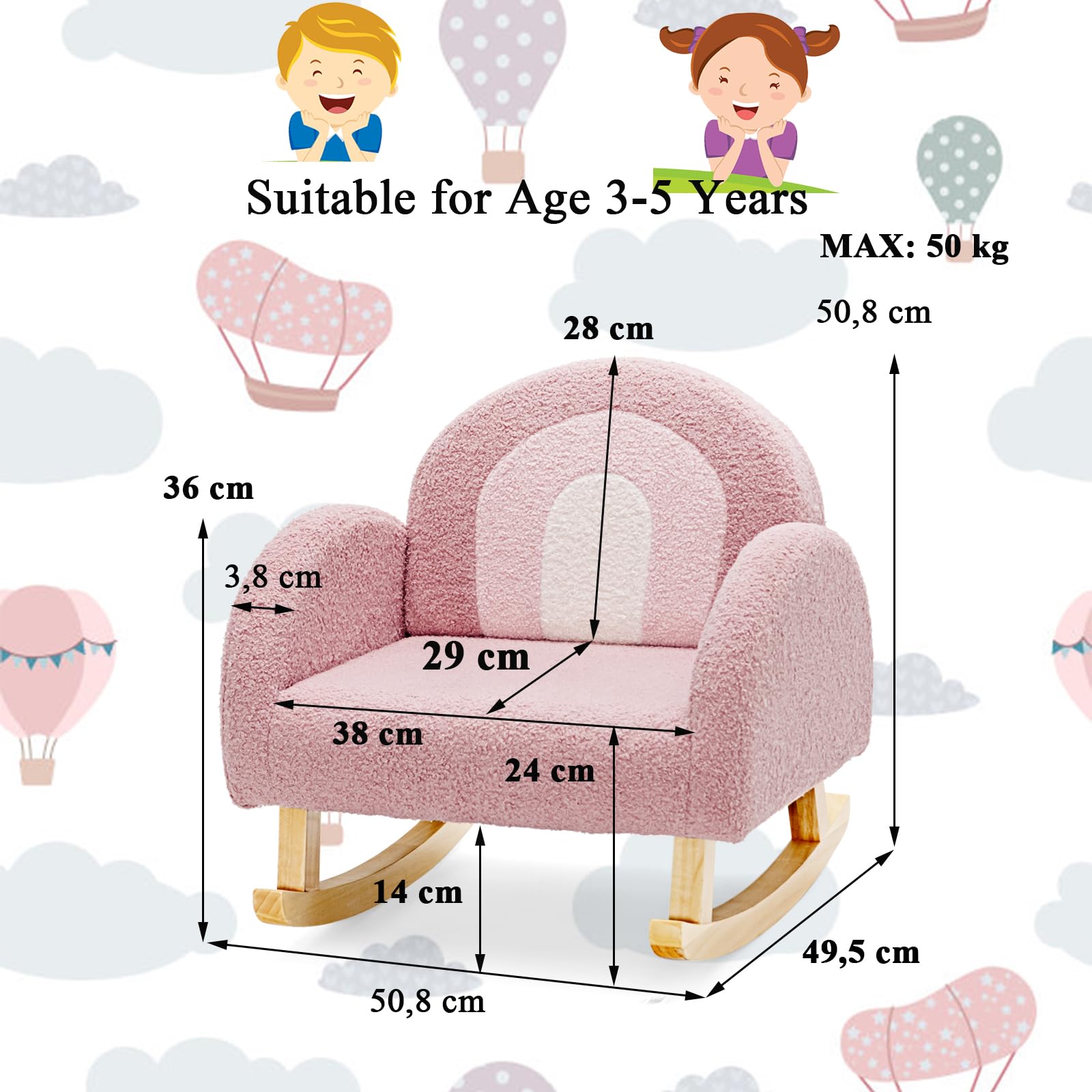 LIFEZEAL Sillamecedora Infantil, Sillón Balancín para Niños de 3-5 Años, con Reposabrazos, Respaldo Ergonómico, Pies de Madera Maciza, Relleno de Espuma para Habitación Infantil, MAX 50kg (Rosa)