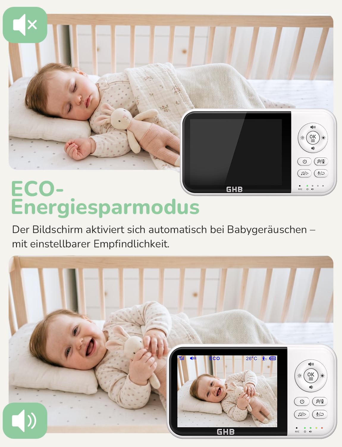 GHB Babyphone mit Kamera 3,2 Zoll LCD 2100 mAh Akku ECO Modus 60 Stunden 2X Zoom Gegensprechen Temperatursensor Nachtsicht