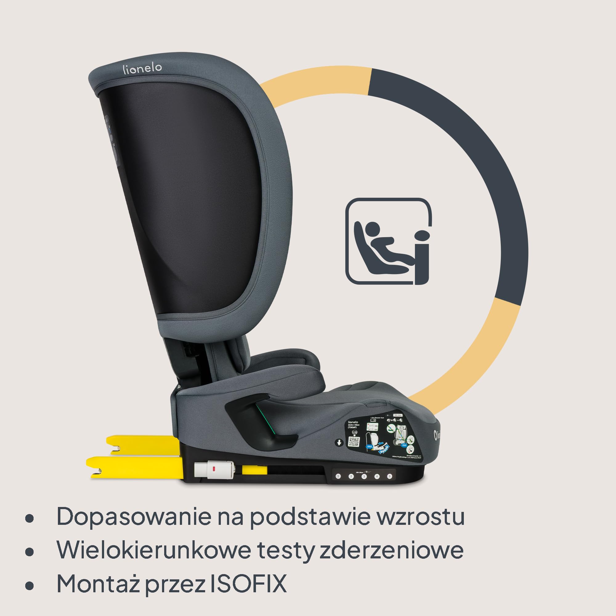LIONELO Bezpieczny Składany Fotelik Samochodowy I-Size R129 Z ISOFIX Podróżny z Torbą Transportową i Uchwyt Na Kubek 14-Stopniowa Regulacja Zagłówka Regulowane Oparcie dla Dzieci 100–150 Cm 3–12 lat | Od 3,5 do 12 lat, 4 pozycje leżenia, 14-stopniowy zagł