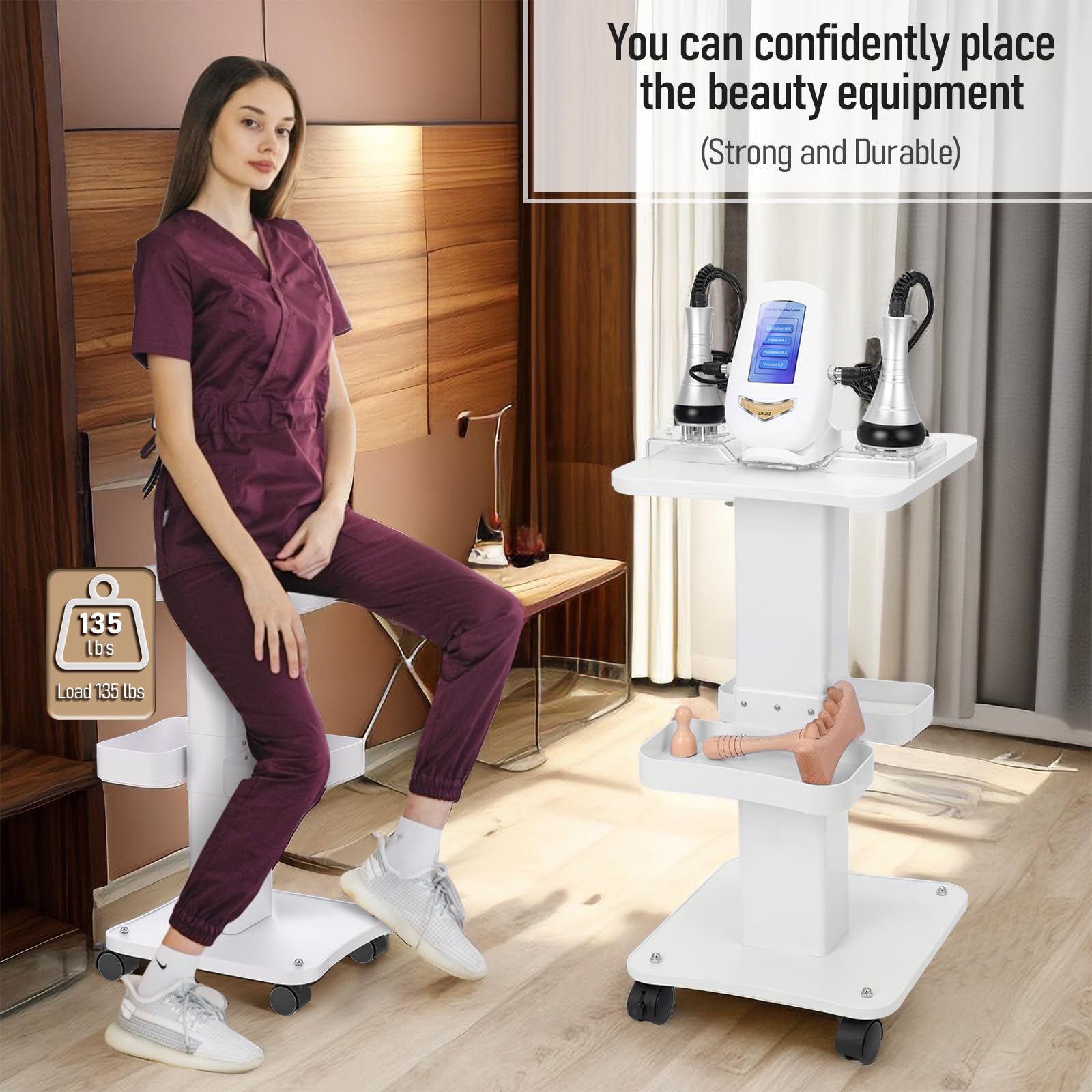 Carrello Estetista con Ruote e 2 Vassoi, 4 Livelli Carrello per Attrezzature Salone e Spa, Carrello Macchina di Bellezza, Carico 61,2 kg