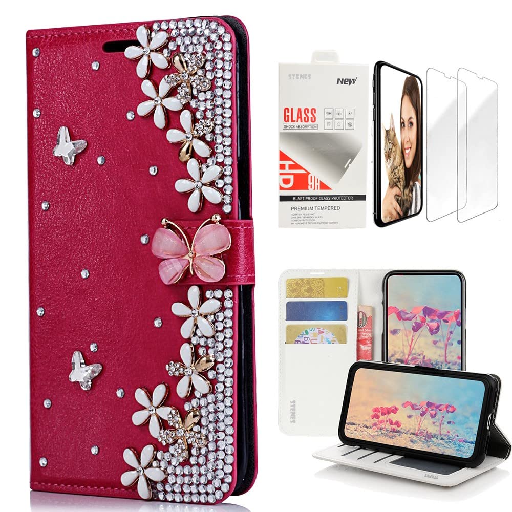 STENES Bling Wallet Case Compatible with Samsung Galaxy S10 Plus 6.4 Inch (2019 Release) - Stylish - 3D Handmade Flowers Floral Butterfly Leather Case with Wrist Strap & Screen Protector 2 Pack - Red
