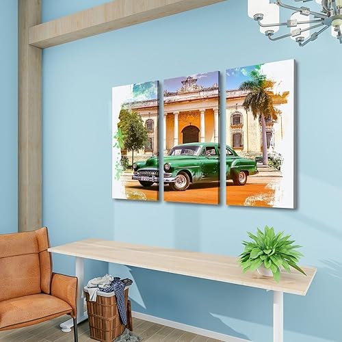 Miniatura 3 de 3 paneles de lienzo de arte para pared, diseño vintage verde de viejo temporizador de conducción de coche, La Habana Vieja Cuba, póster impreso en