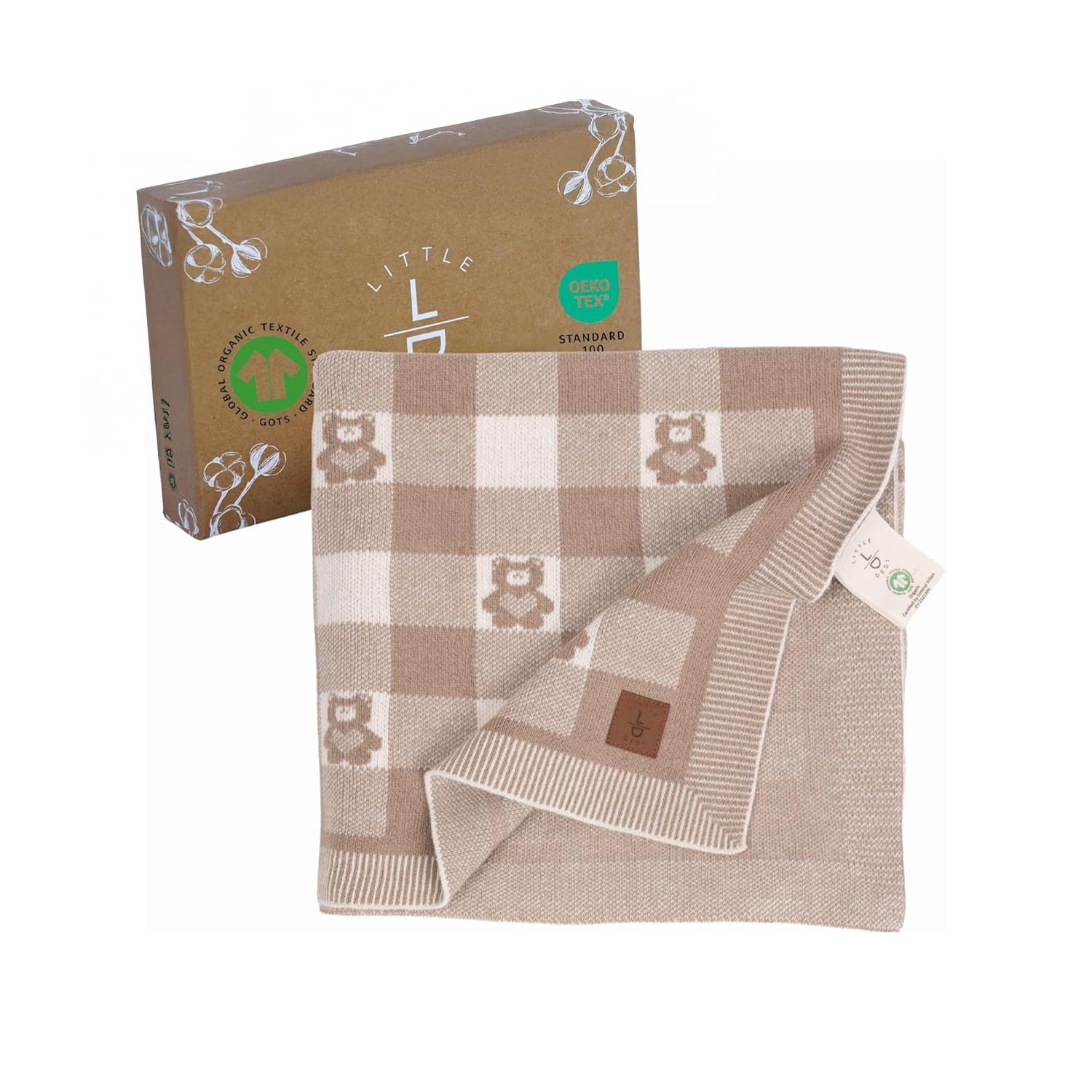 Little Dedi Men's Mocha Teddy Bear Baby Knitted Blanket, Gots Certified, 100% Organic Cotton With Teddy Bears, Soft & Lightweight, Ideal For Swaddling And Cuddling In Gift Box