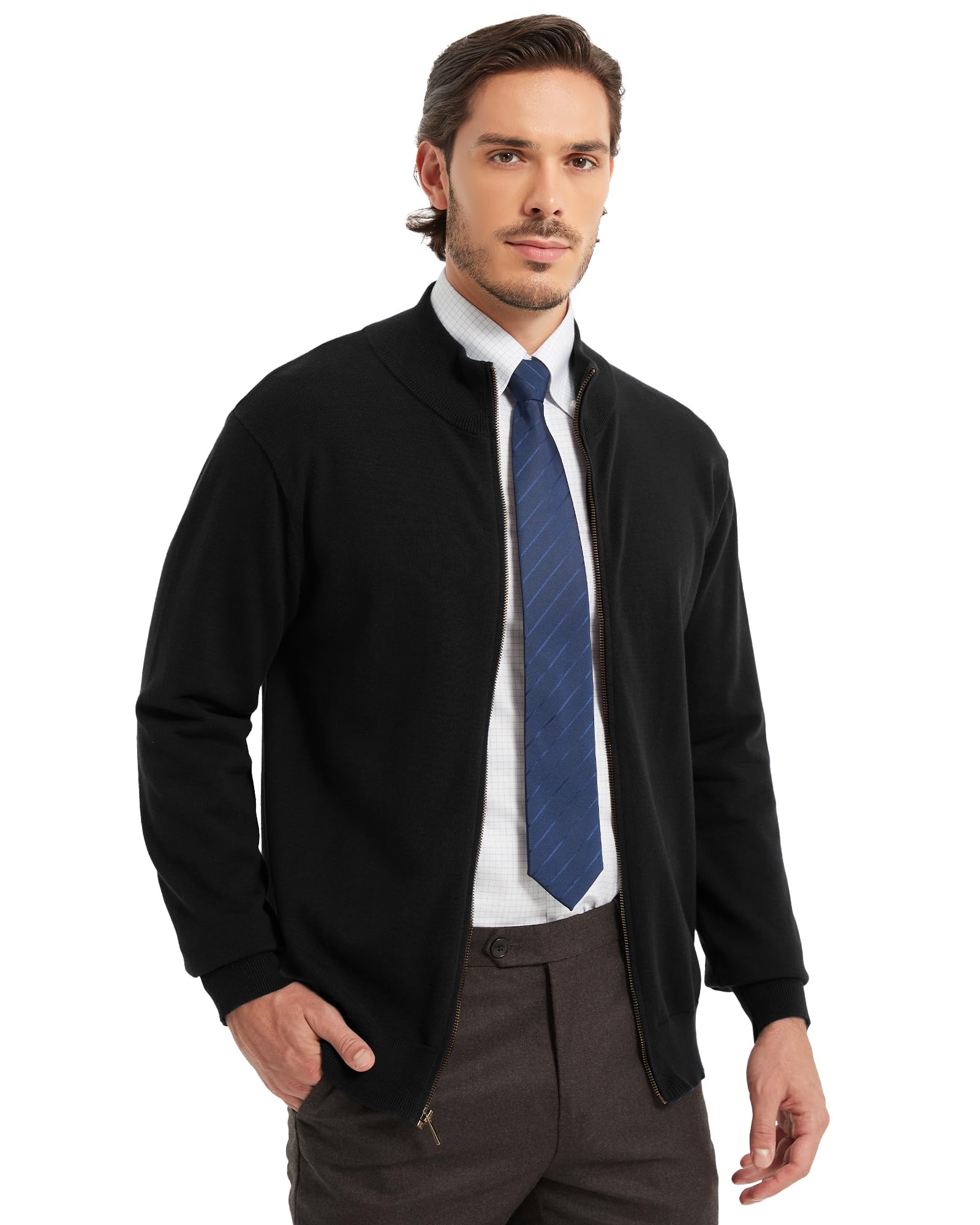 Kallspin Cárdigan de Punto Cremallera Completa Hombre Algodón Puro Cuello Alto